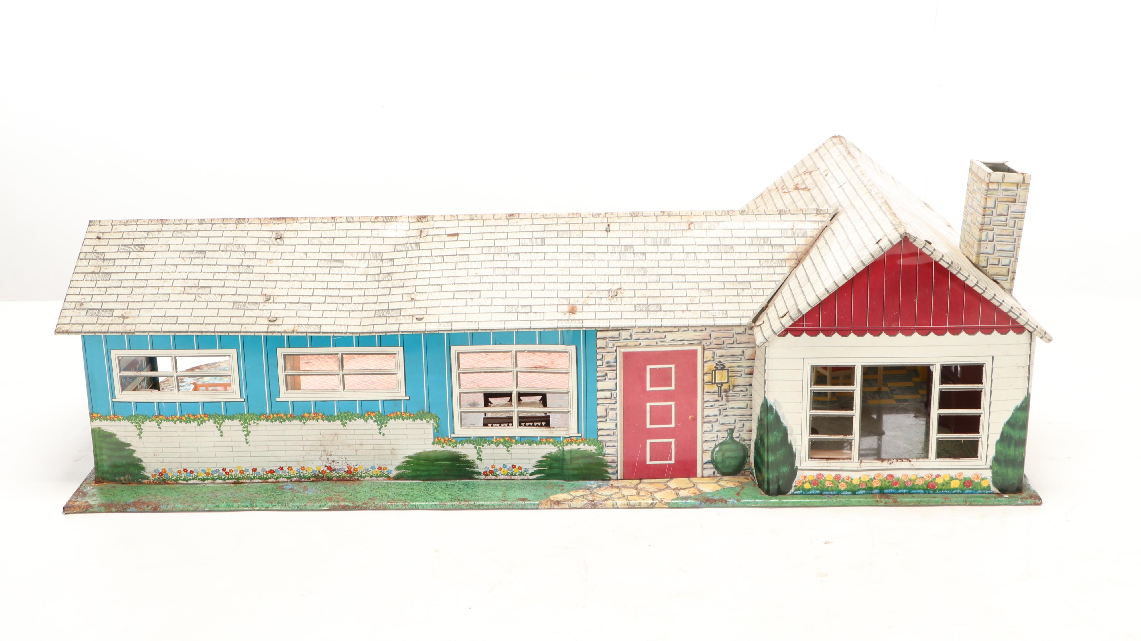 Marx Tin Litho Doll's Ranch House & Accessories, Army Barracks with Toy Soldiers