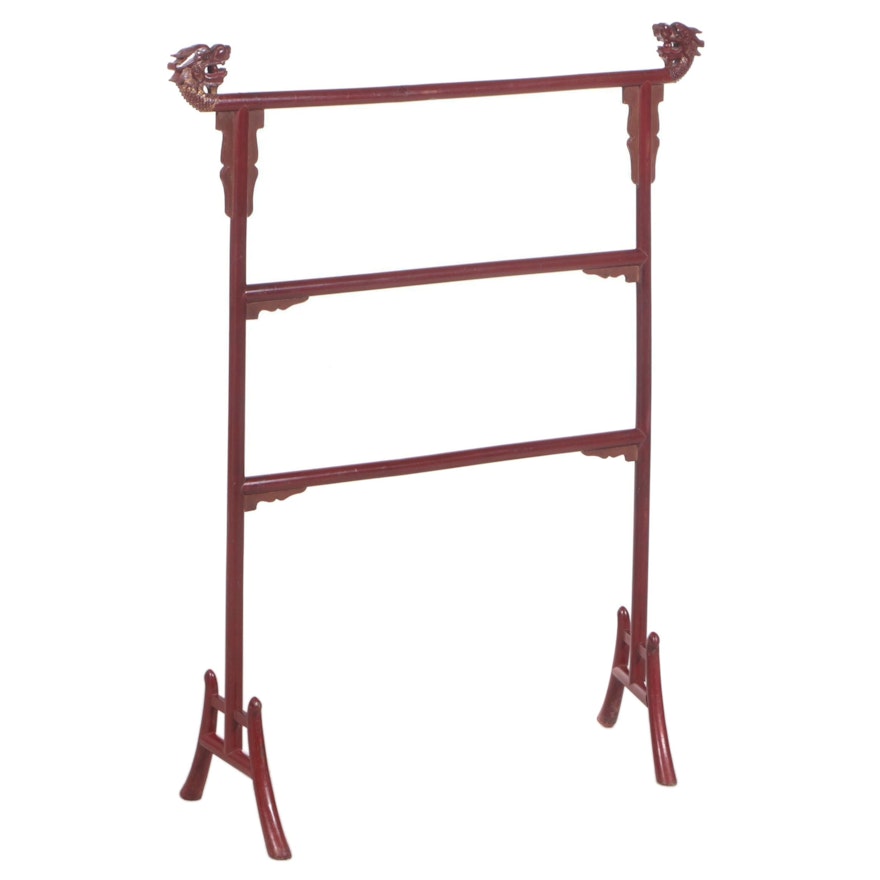 Chinese Red and Gilt-Lacquered Clothes Rack with Dragon's Head Terminals