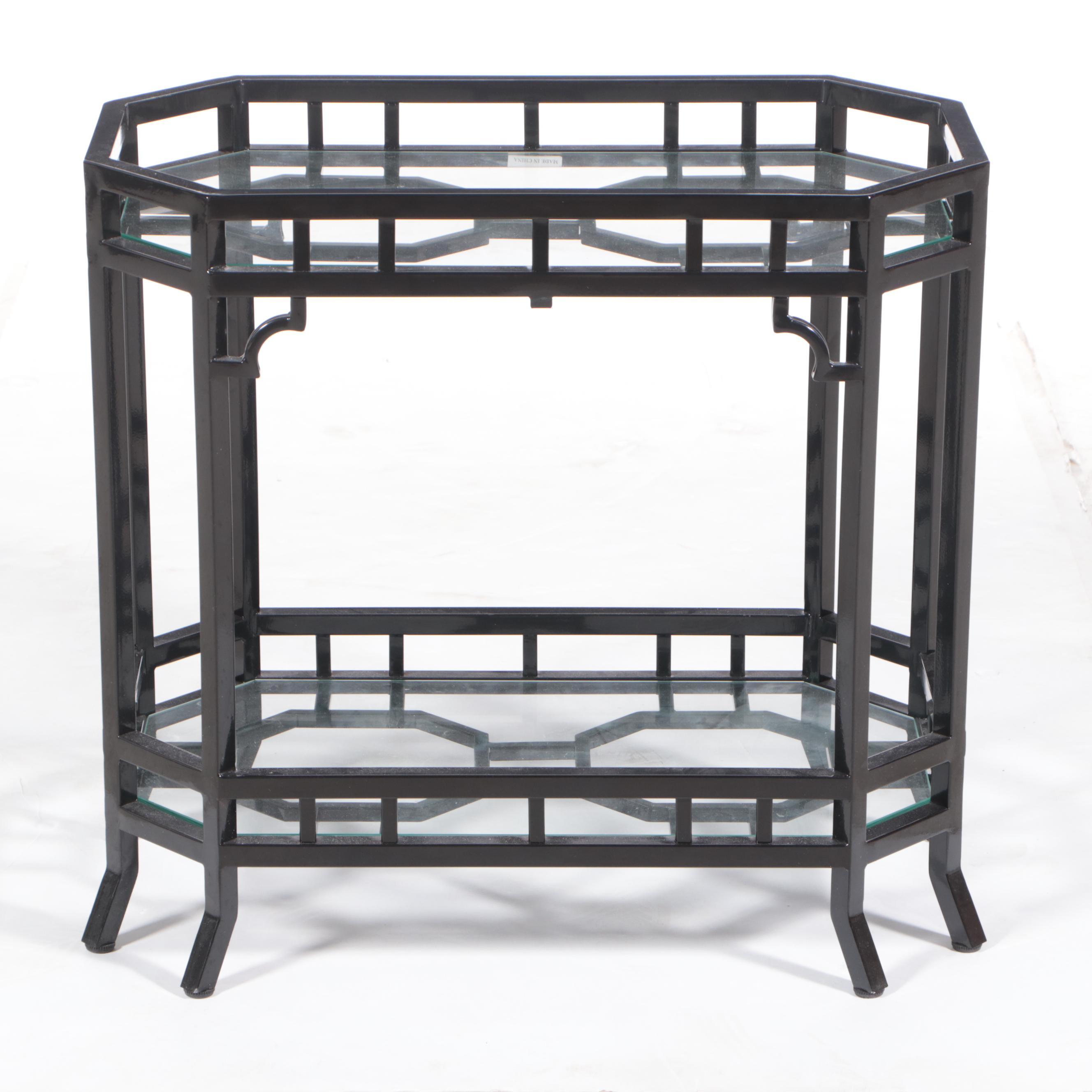 Regency Style Black Powder-Coated Metal and Glass Two-Tier Side Table