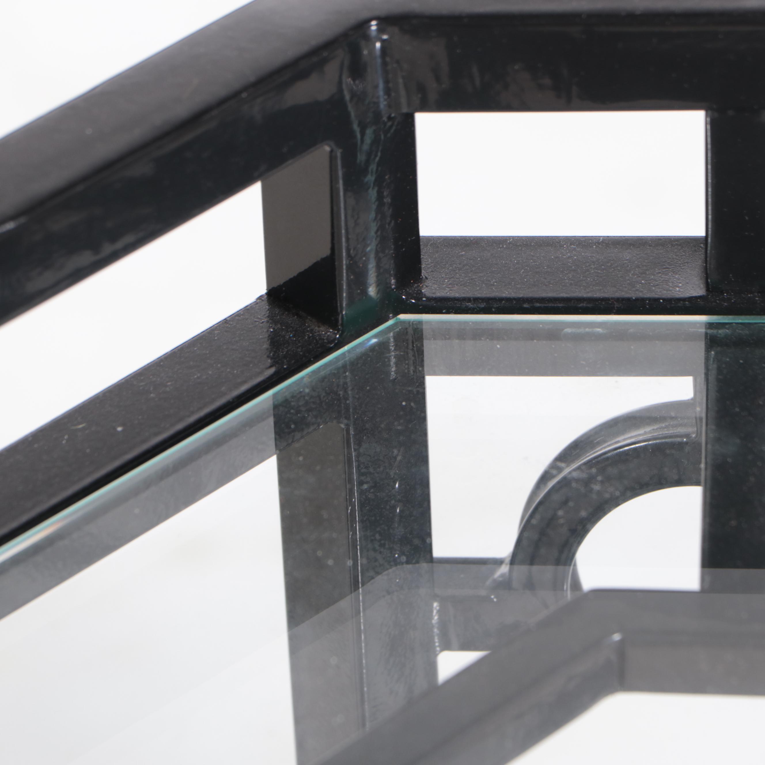 Regency Style Black Powder-Coated Metal and Glass Two-Tier Side Table