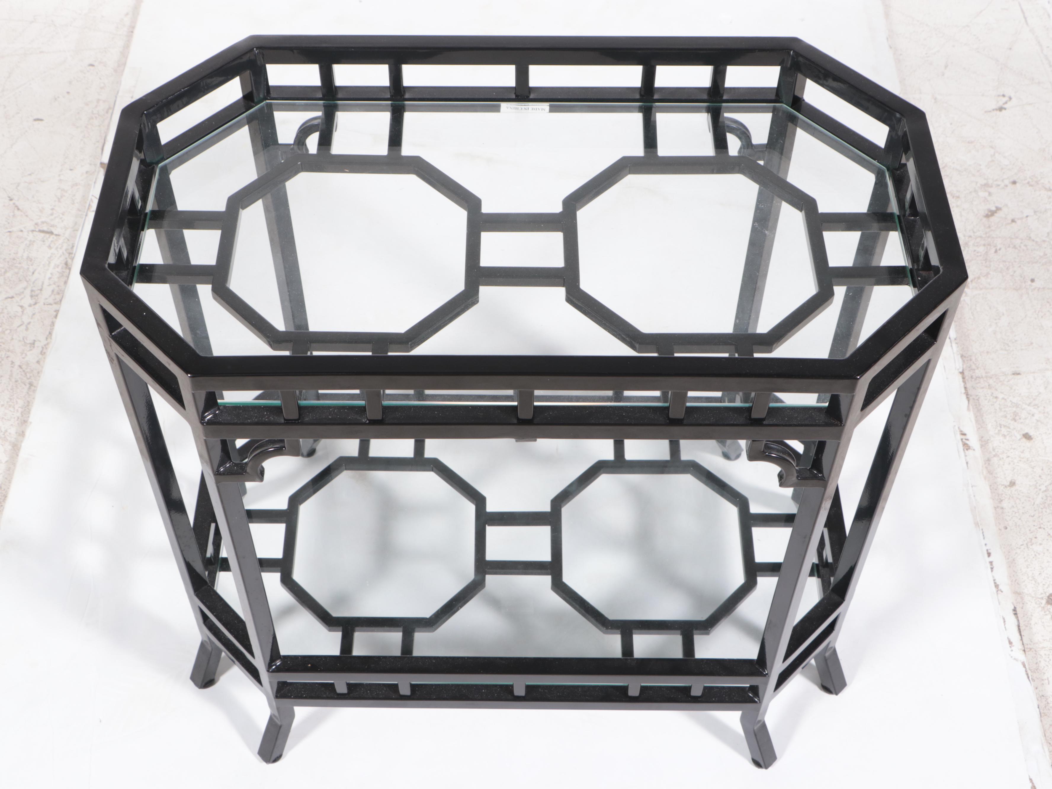 Regency Style Black Powder-Coated Metal and Glass Two-Tier Side Table