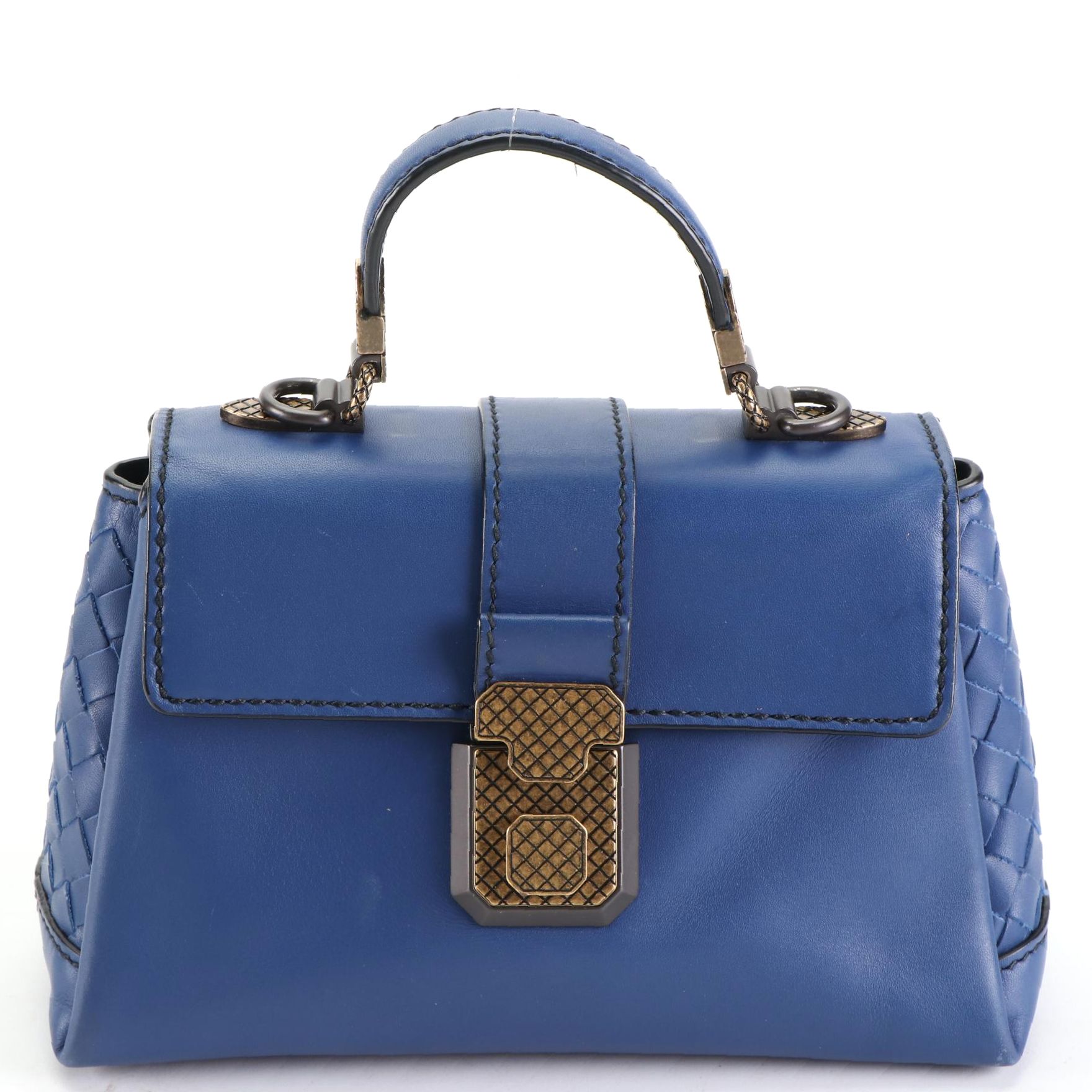 Bottega Veneta Mini Piazza Top Handle Bag in Leather with Intrecciato Detail