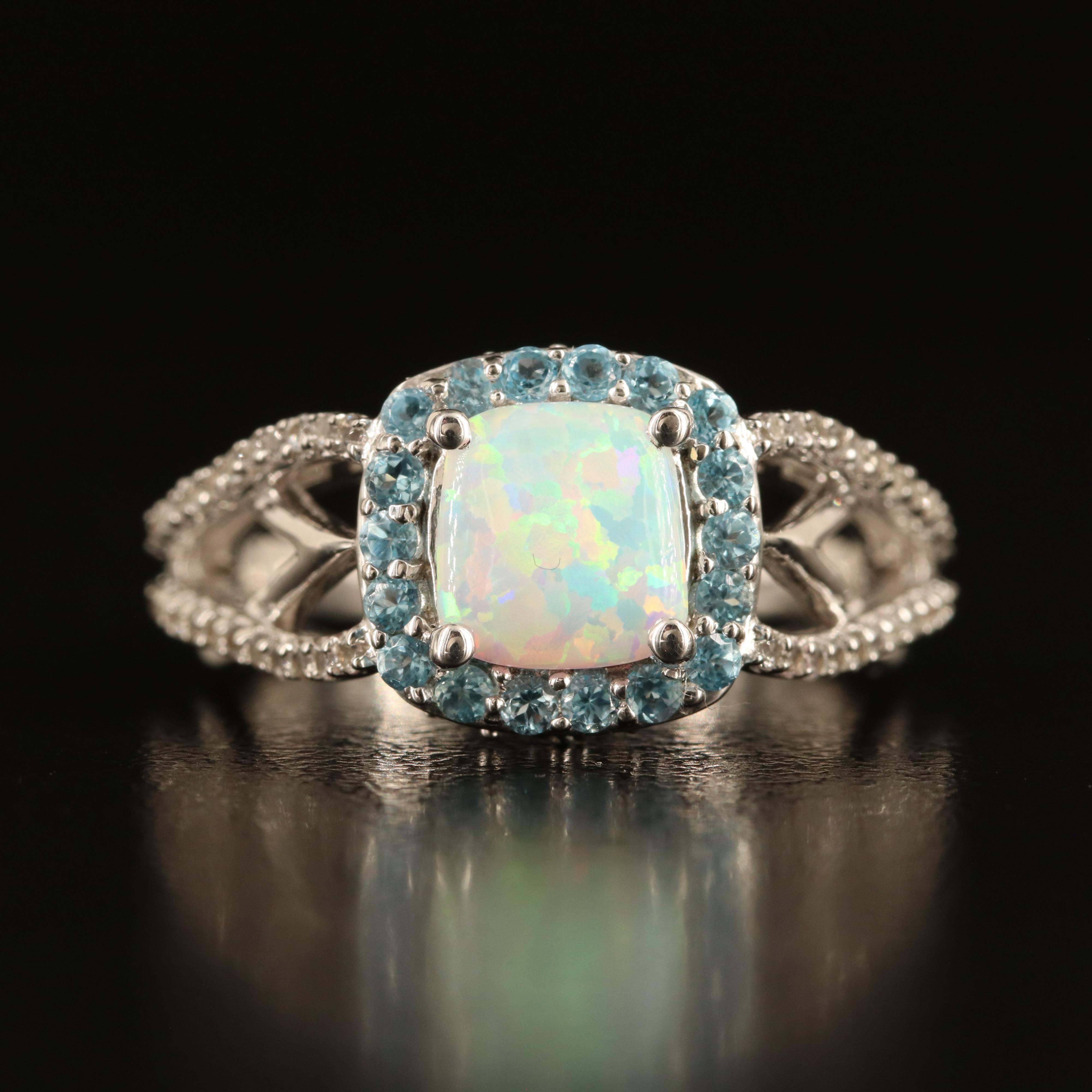 Sterling Opal, White Sapphire and Sky Blue Topaz Ring