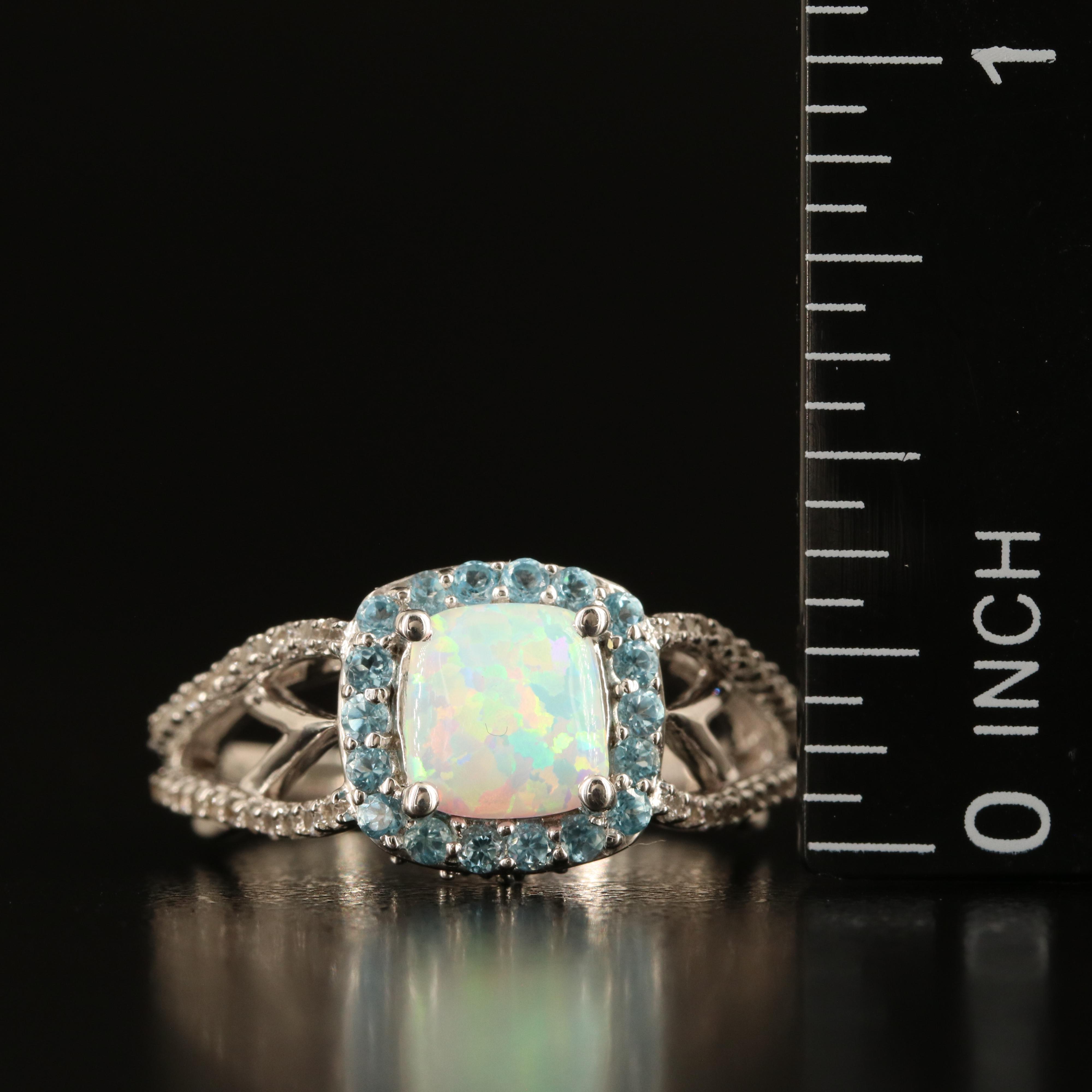 Sterling Opal, White Sapphire and Sky Blue Topaz Ring