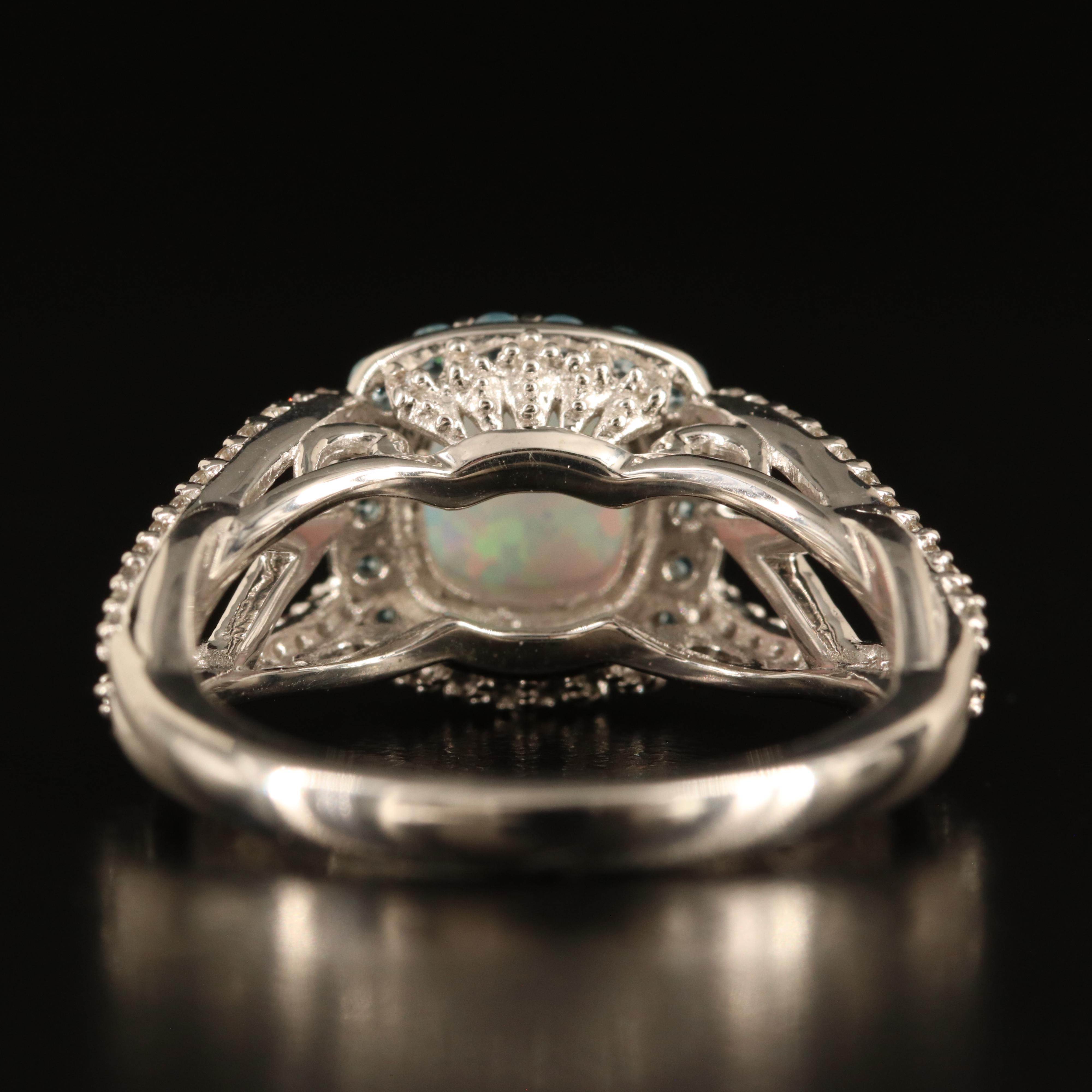 Sterling Opal, White Sapphire and Sky Blue Topaz Ring