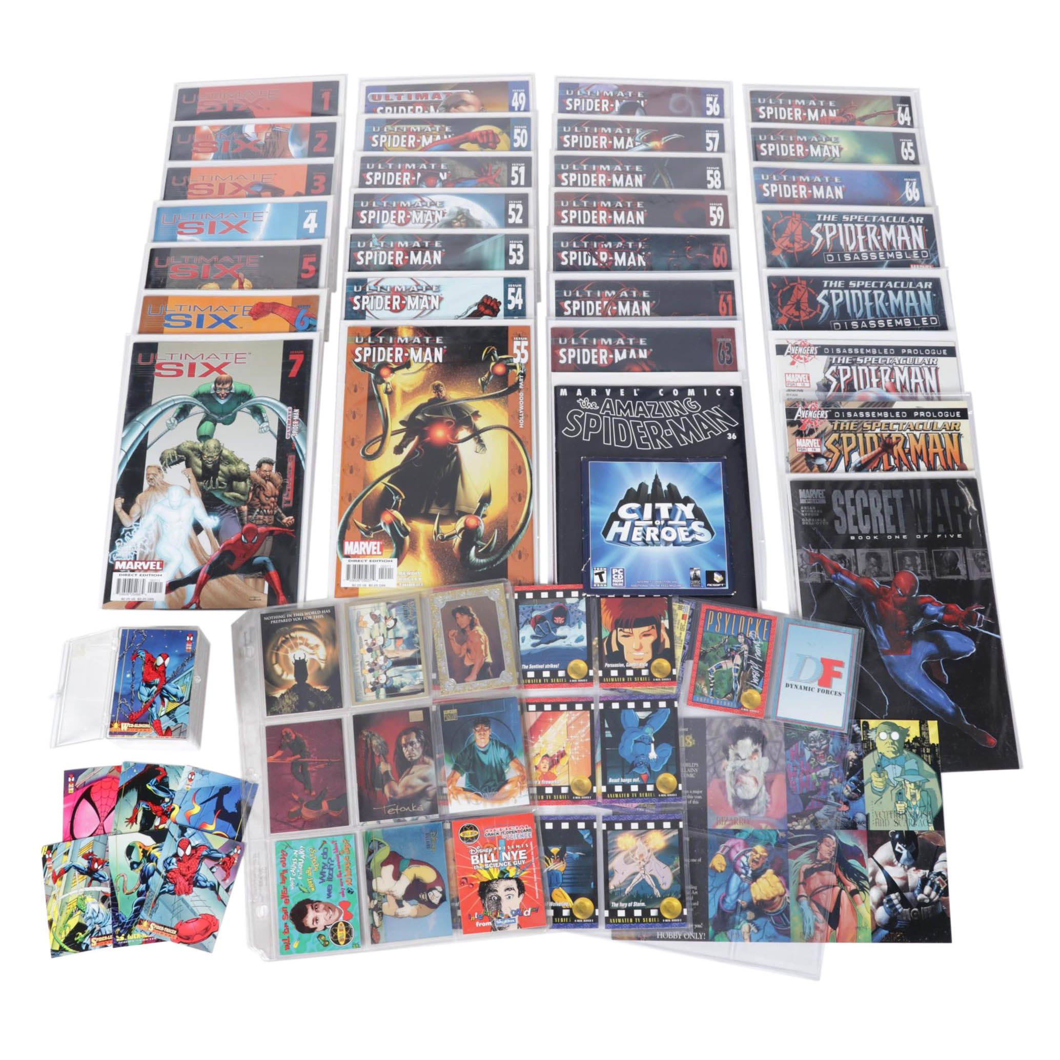 Spider-Man and Ultimate Six Comic Books With Cards and "City of Heroes" PC Game