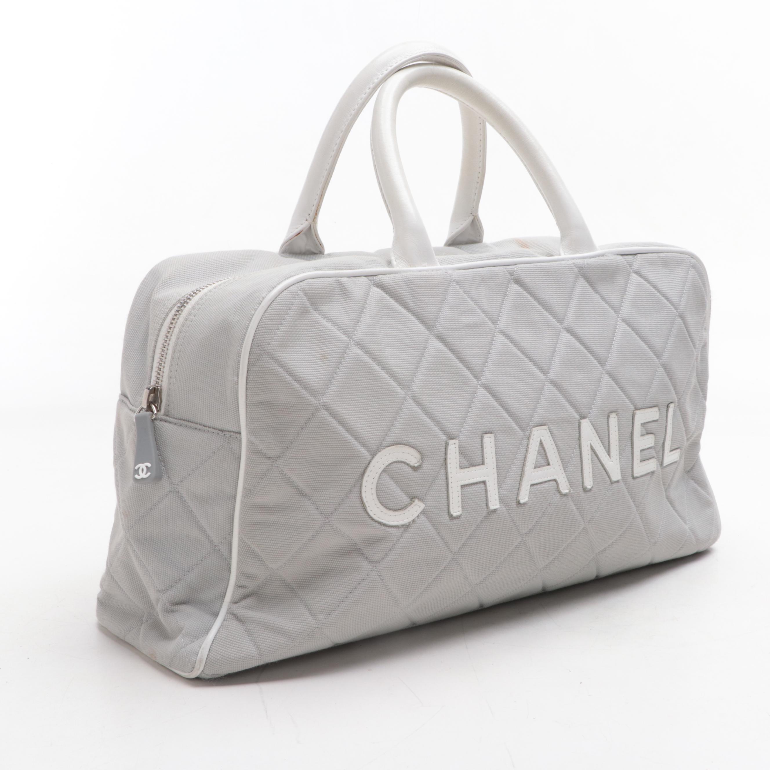 Chanel Logo Bowler Bag in Quilted Canvas and Leather