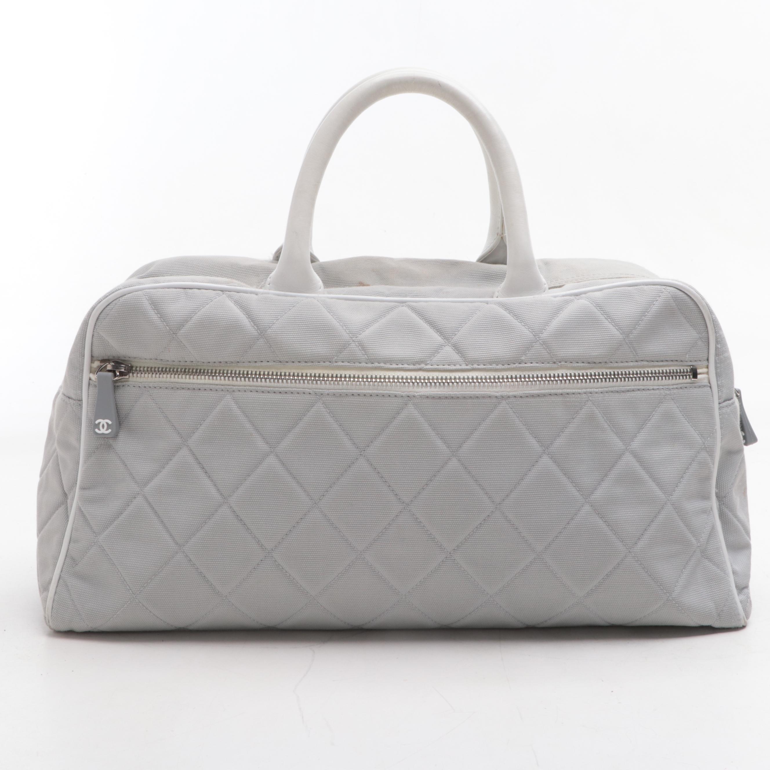 Chanel Logo Bowler Bag in Quilted Canvas and Leather