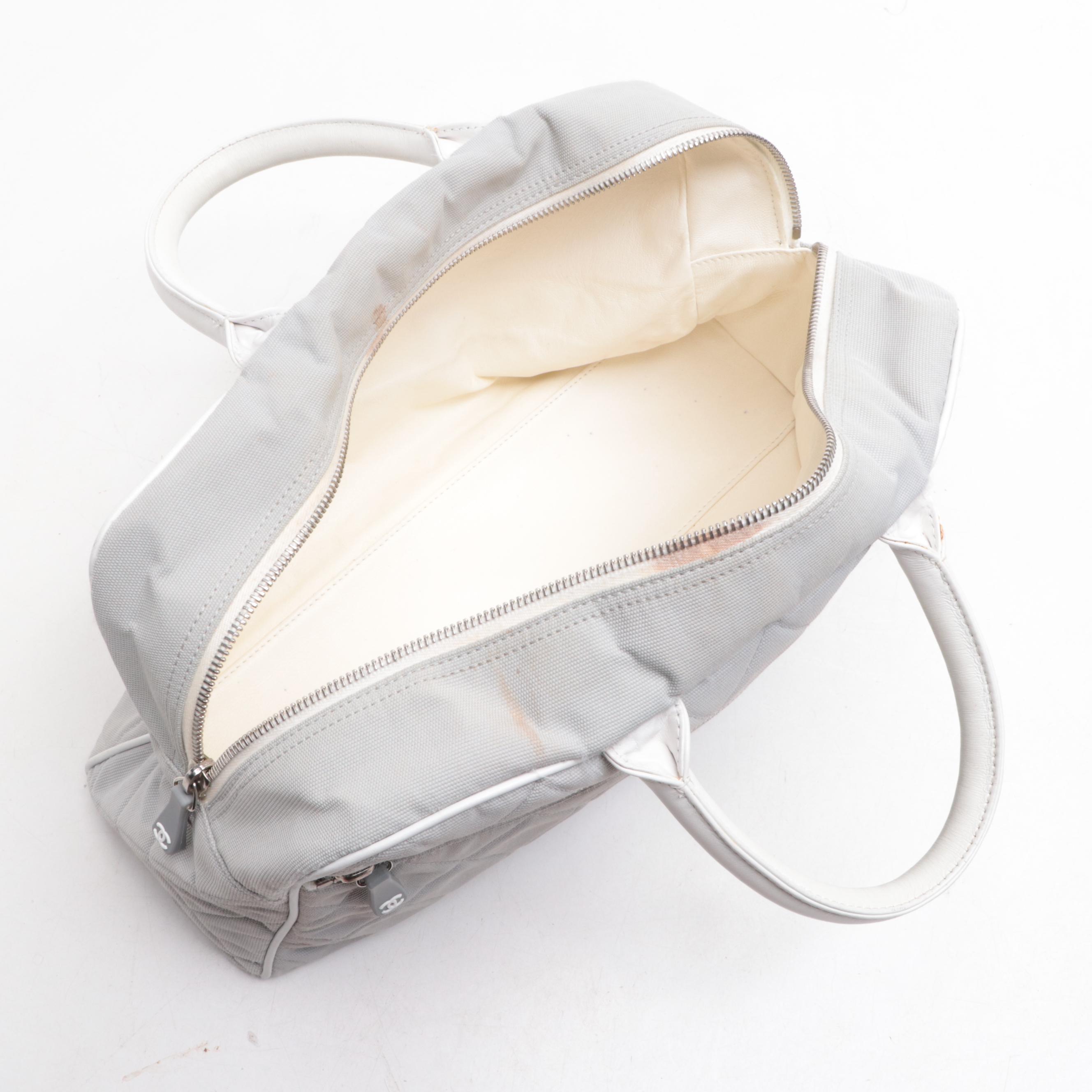 Chanel Logo Bowler Bag in Quilted Canvas and Leather