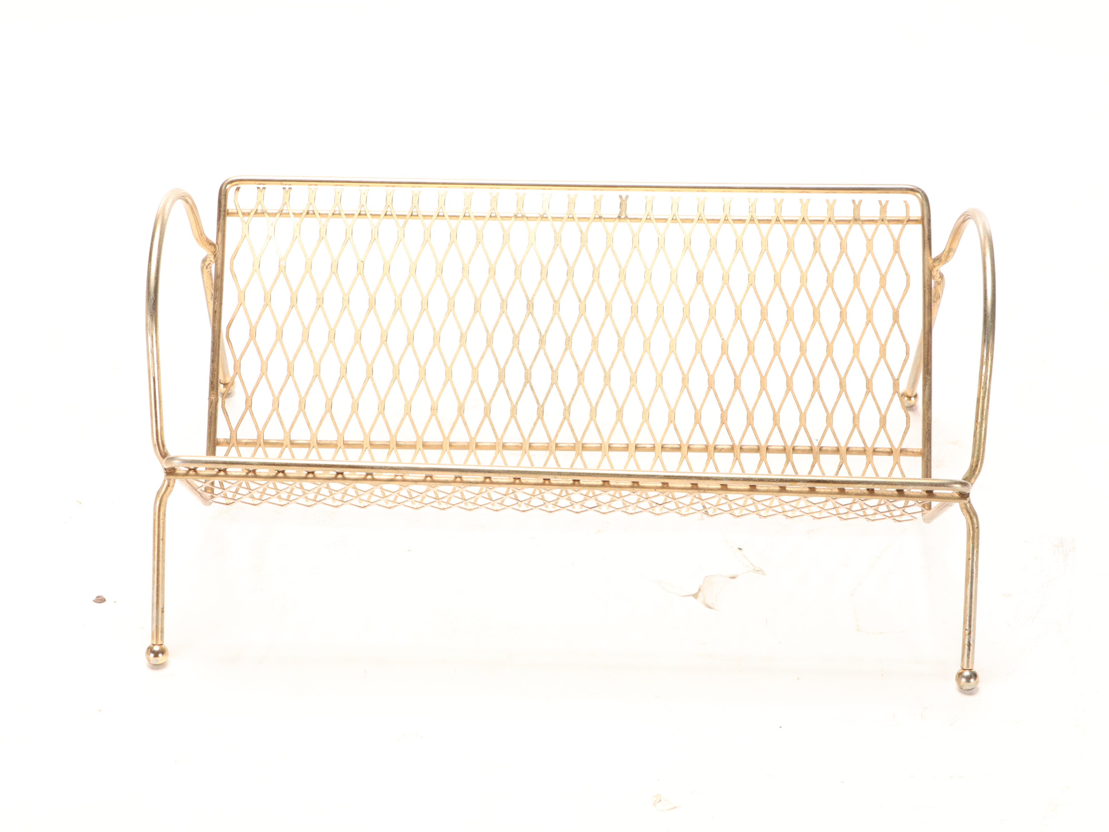 Brass Tone Metal Magazine Rack With Plastic Wall Cabinet, Mid-20th Century