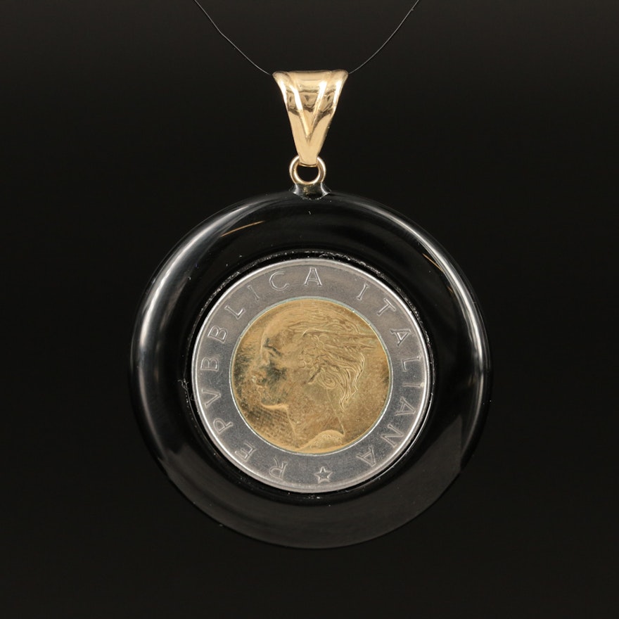 14K Black Onyx Pendant with Italy 500-Lire Coin