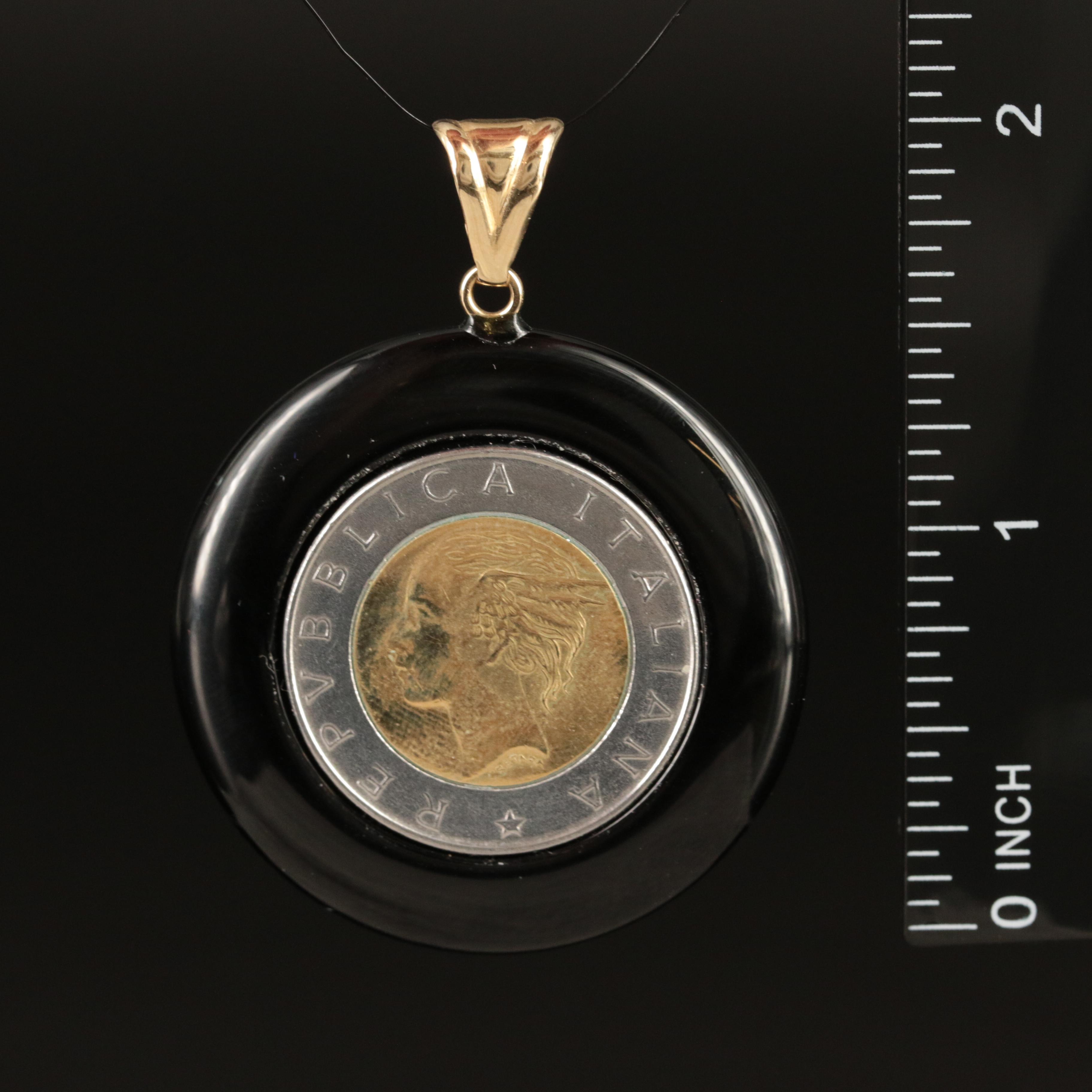 14K Black Onyx Pendant with Italy 500-Lire Coin
