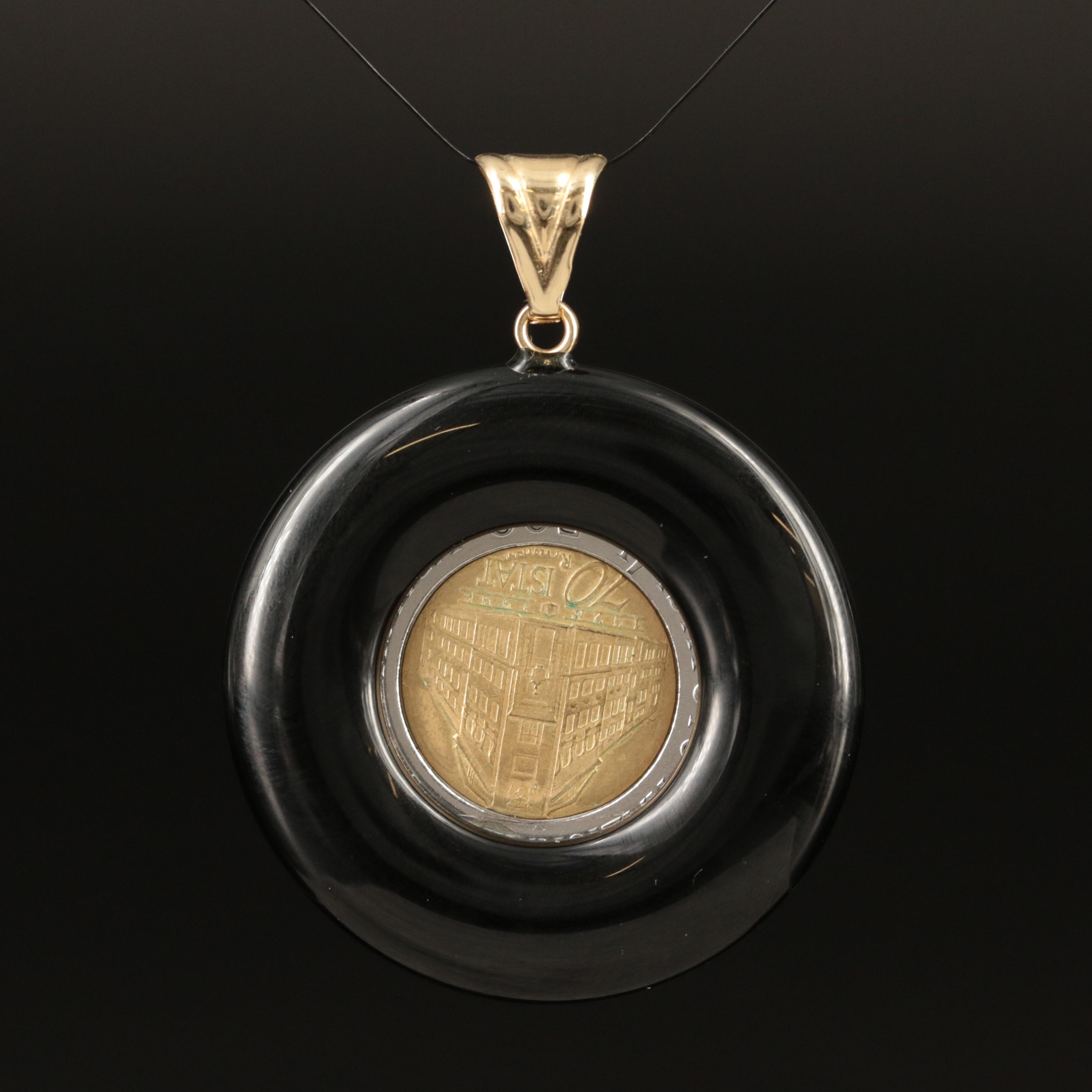 14K Black Onyx Pendant with Italy 500-Lire Coin