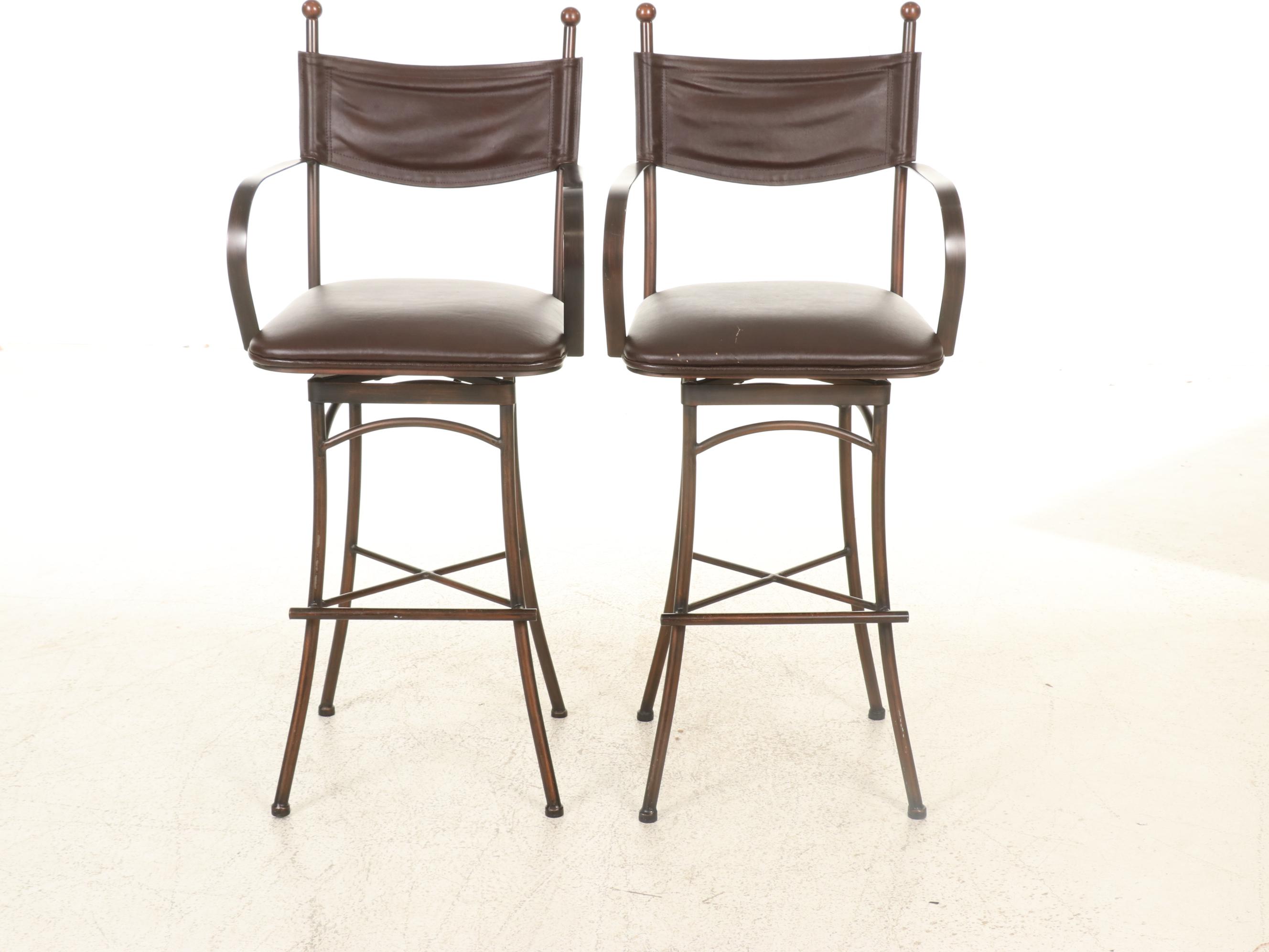 Pair of Faux Leather Upholstered Wood-Grained Metal Counter Stools