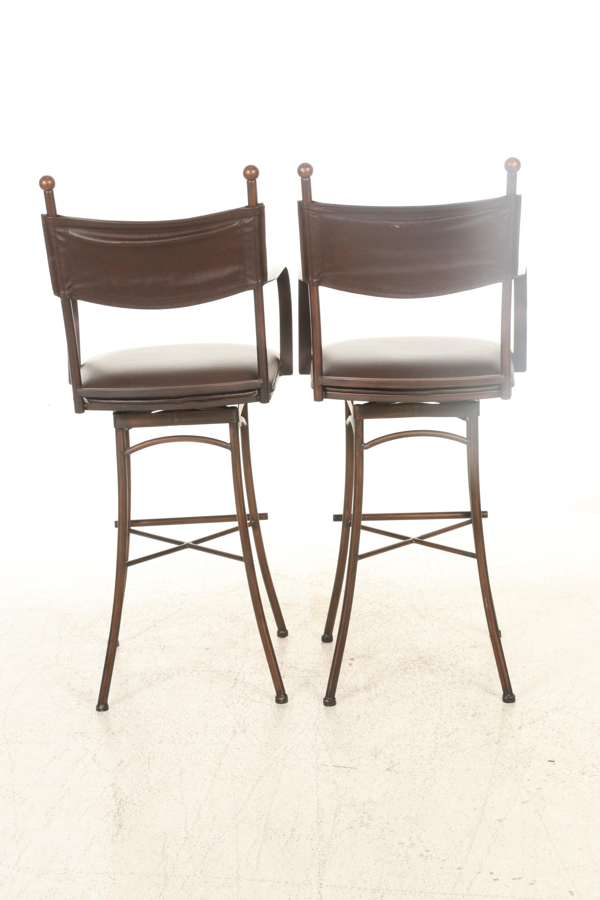 Pair of Faux Leather Upholstered Wood-Grained Metal Counter Stools