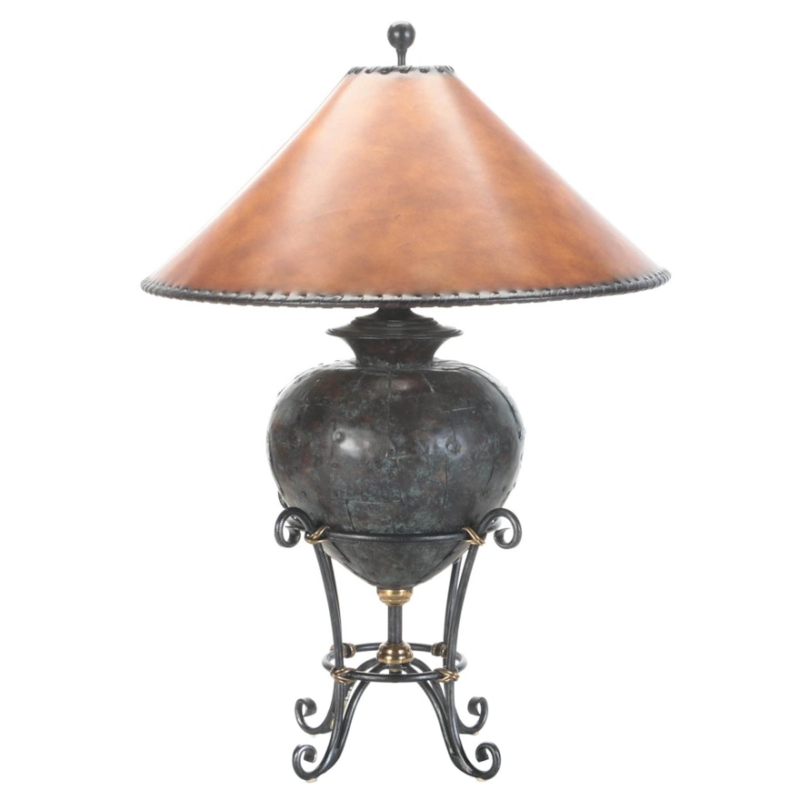 Maitland-Smith Patinated Bronzed and Riveted Urn Table Lamp, Faux Hide Shade