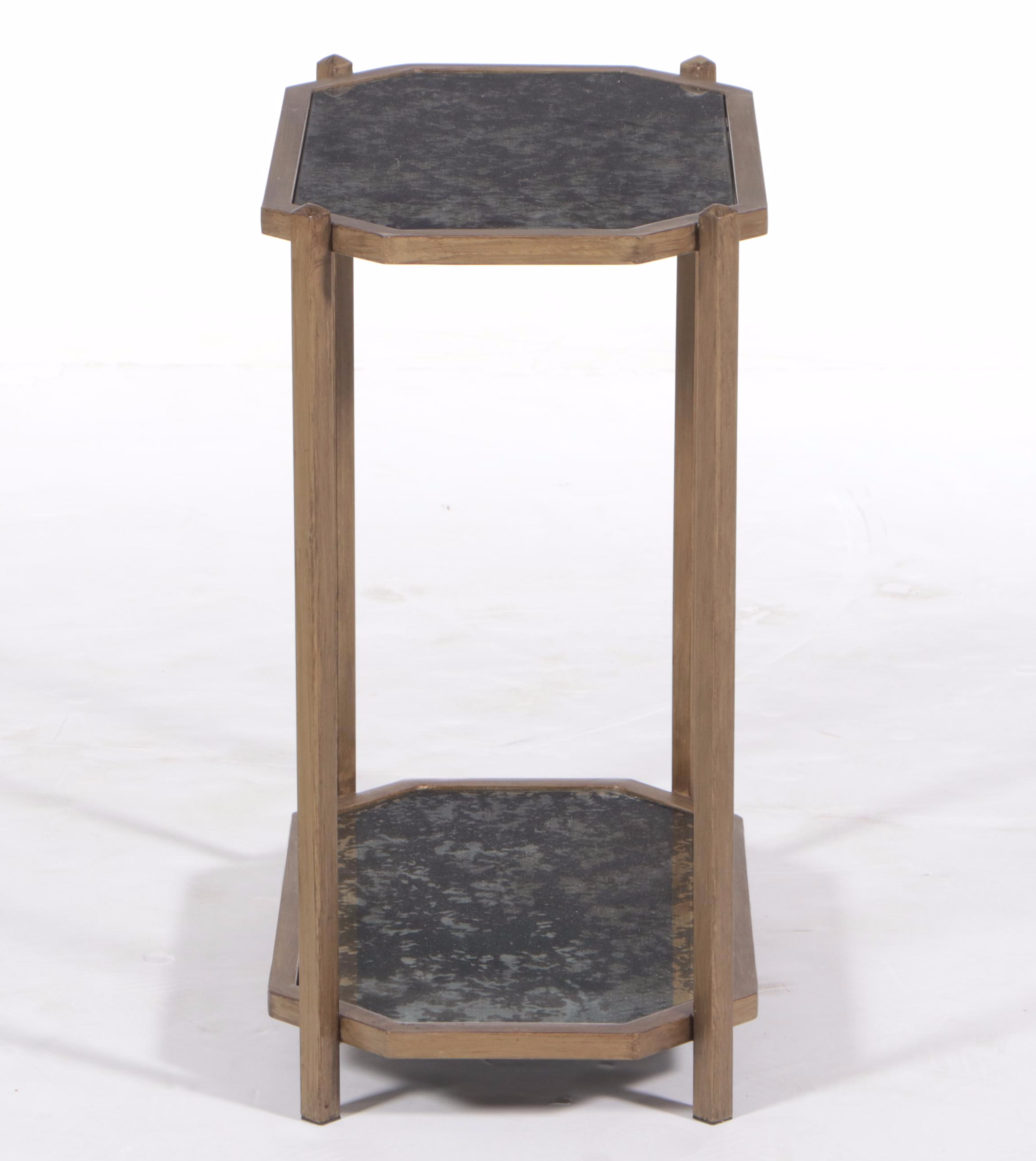 Contemporary Patinated Metal and Mirrored Glass Two-Tier Side Table