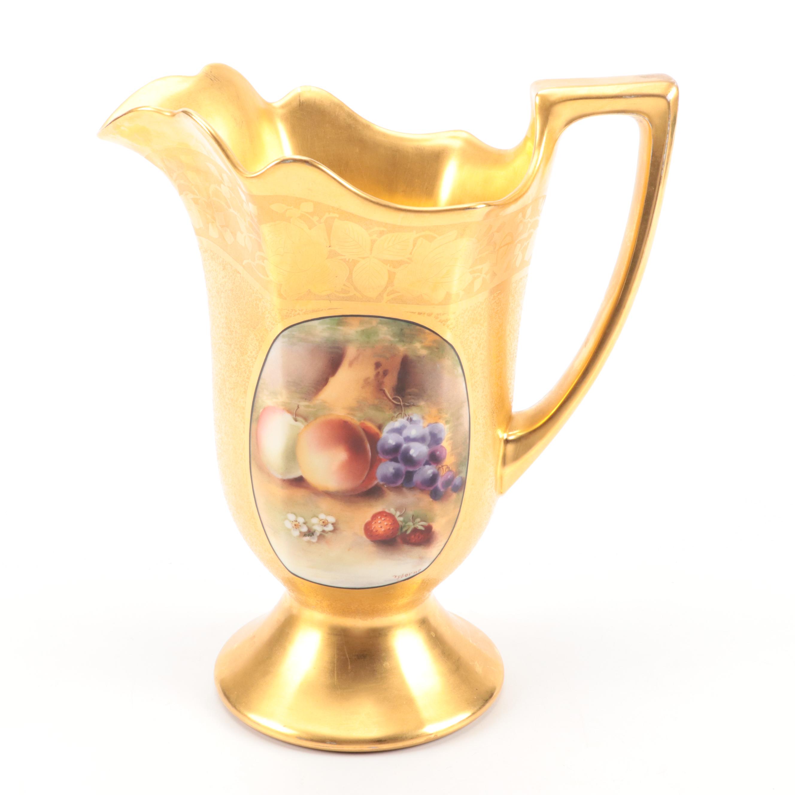 Victorian French Porcelain Gilt Encrusted Pitcher with Hand-Painted Panels