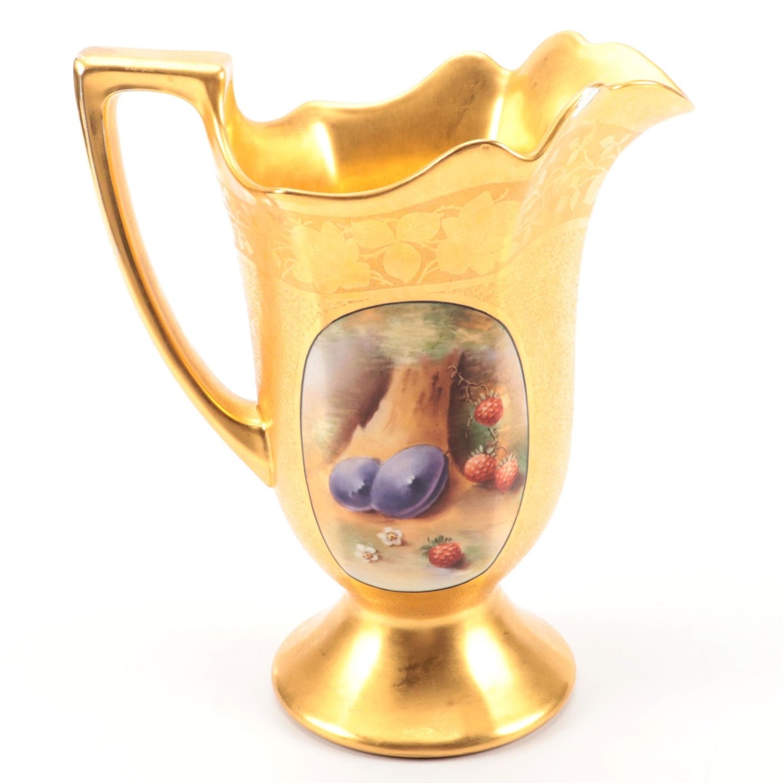 Victorian French Porcelain Gilt Encrusted Pitcher with Hand-Painted Panels
