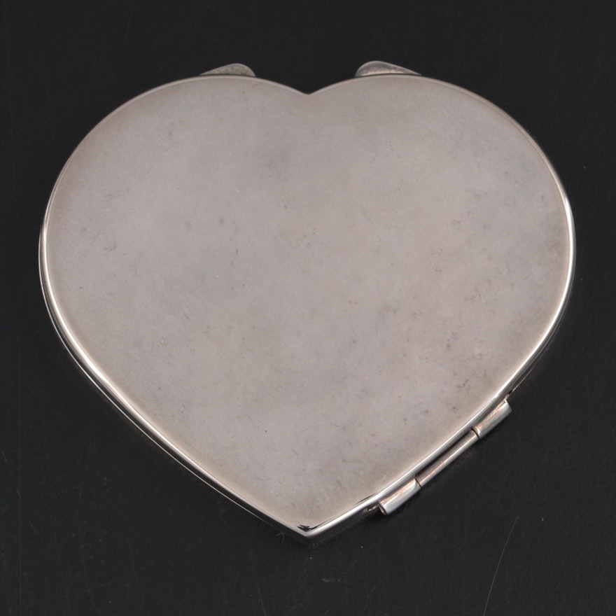 Heart Form Silver Plate Compact Mirror