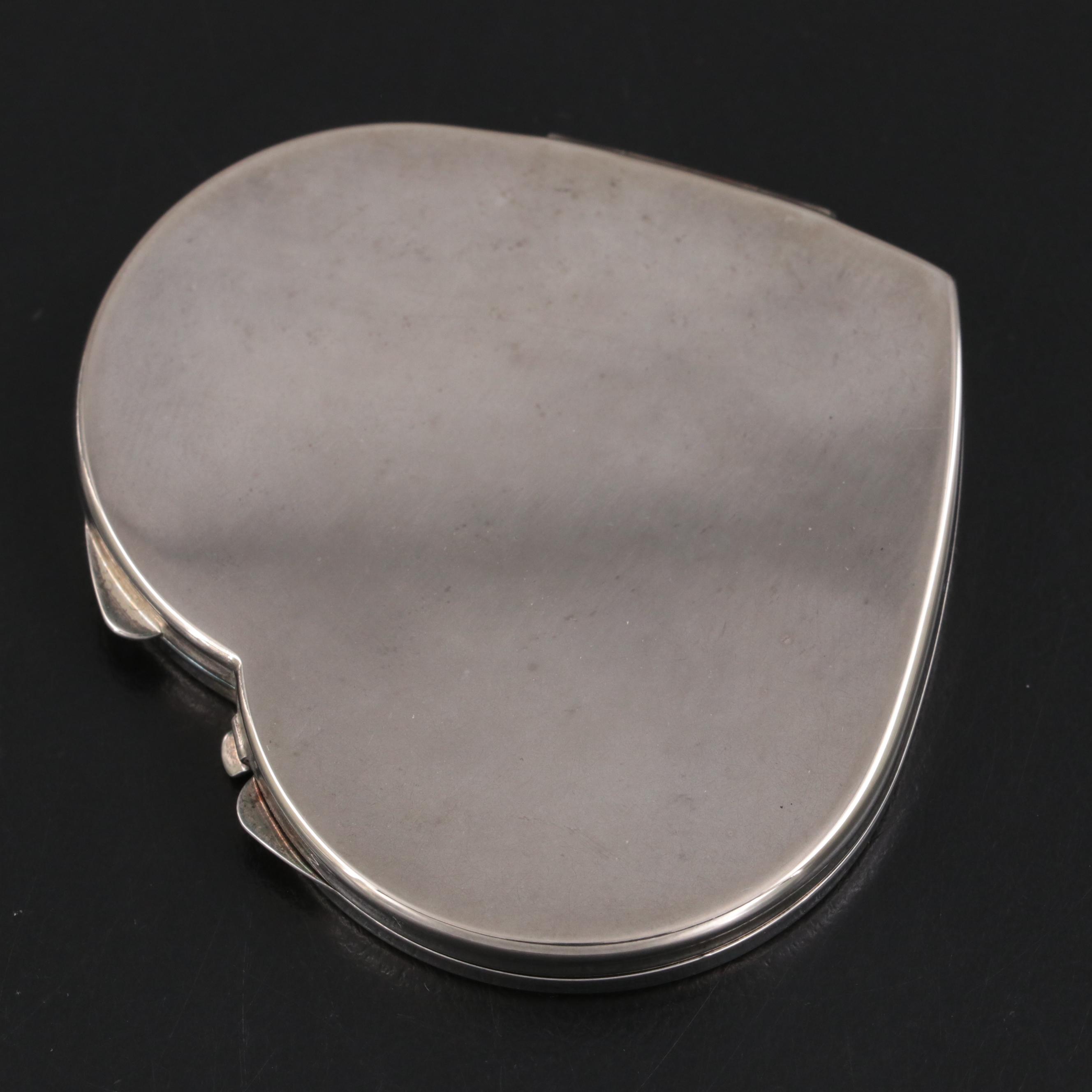 Heart Form Silver Plate Compact Mirror