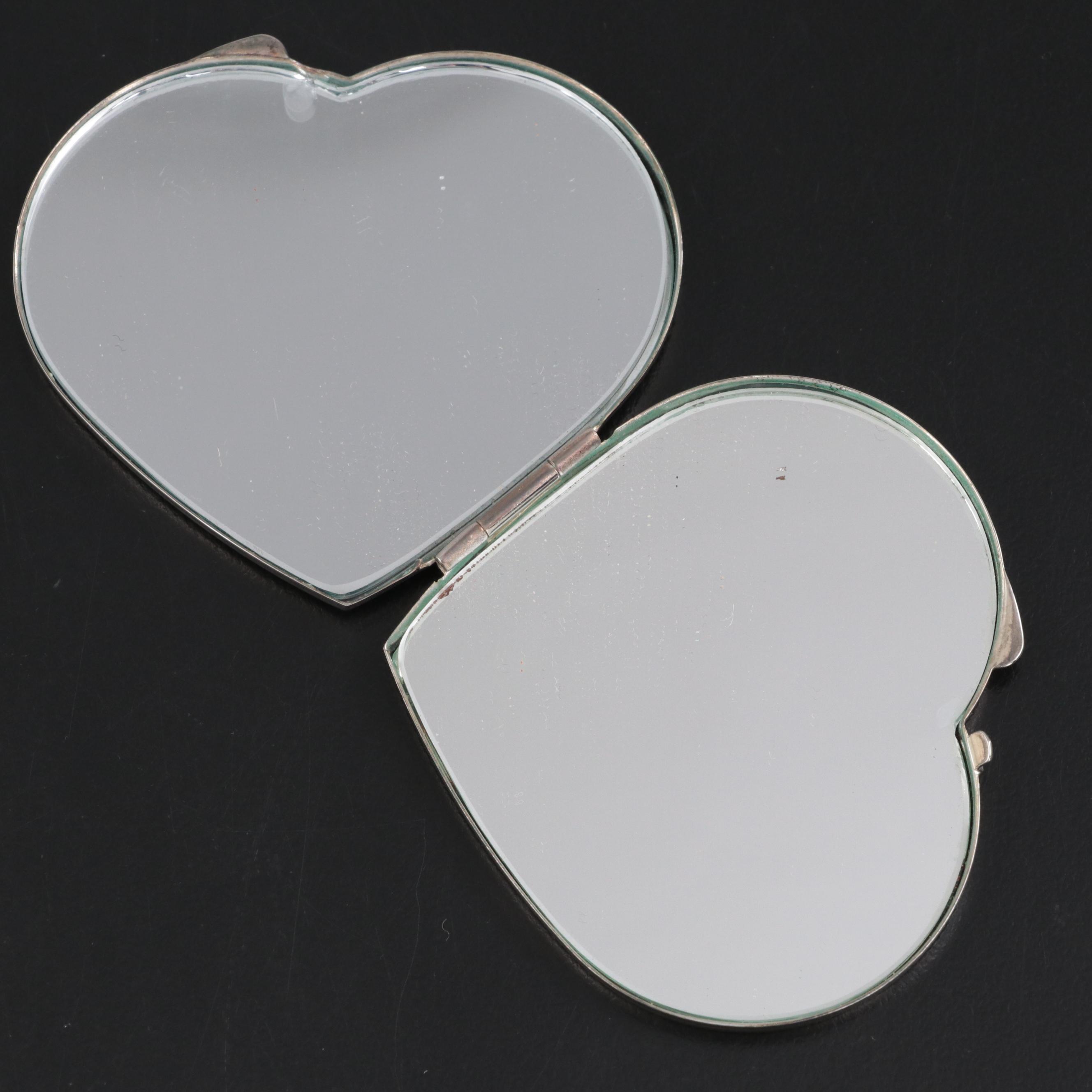 Heart Form Silver Plate Compact Mirror