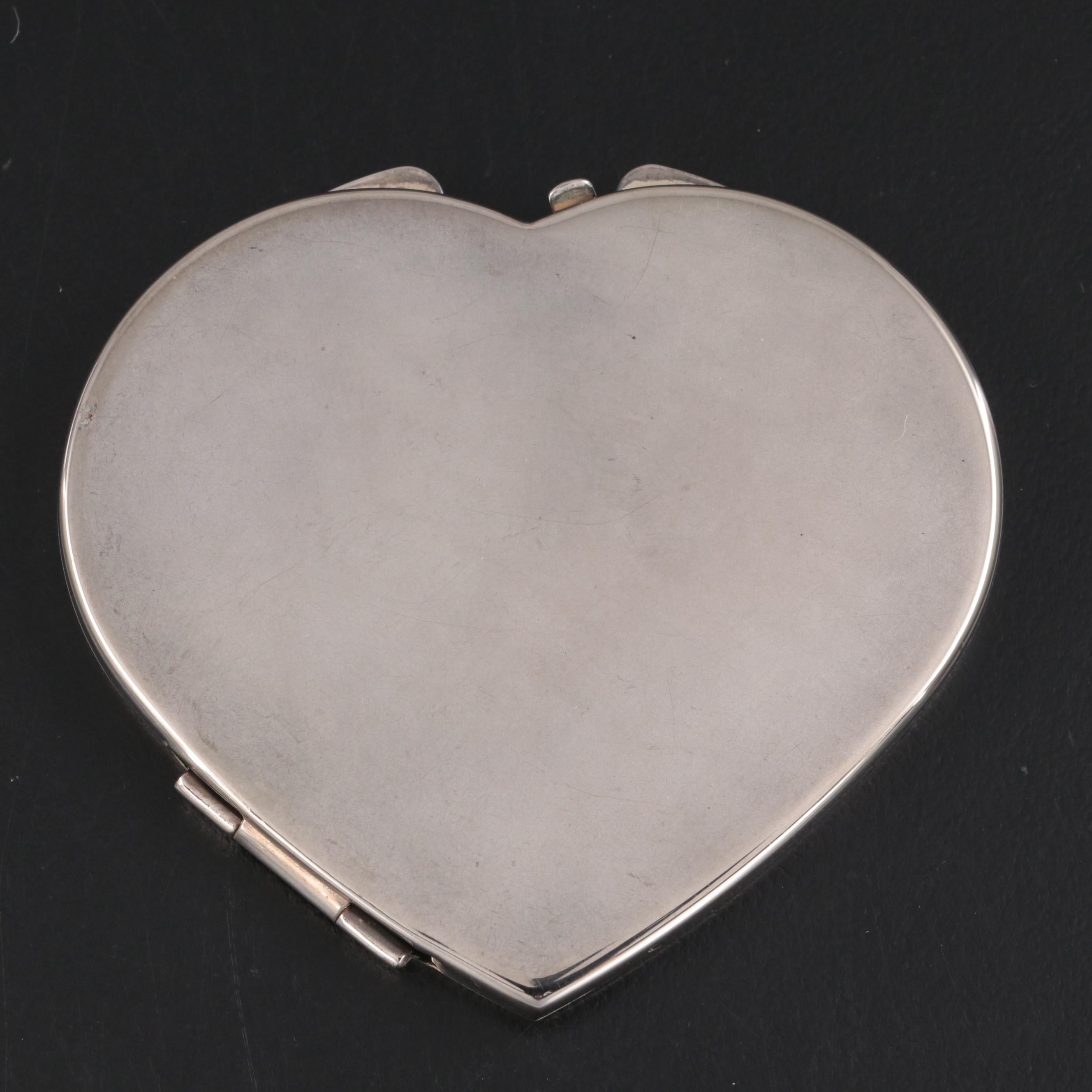 Heart Form Silver Plate Compact Mirror