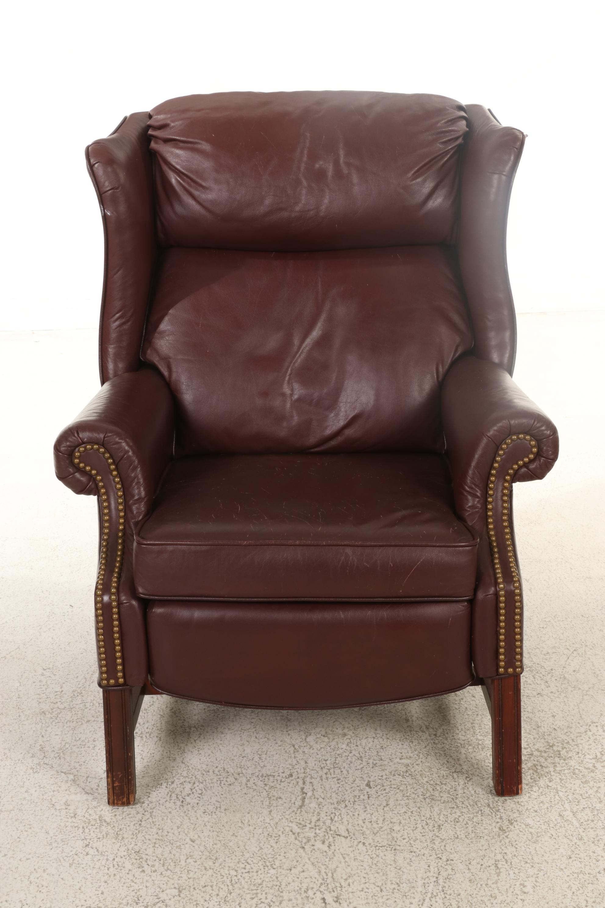 Faux Leather and Brass-Tacked Reclining Wingback Armchair with Side Table