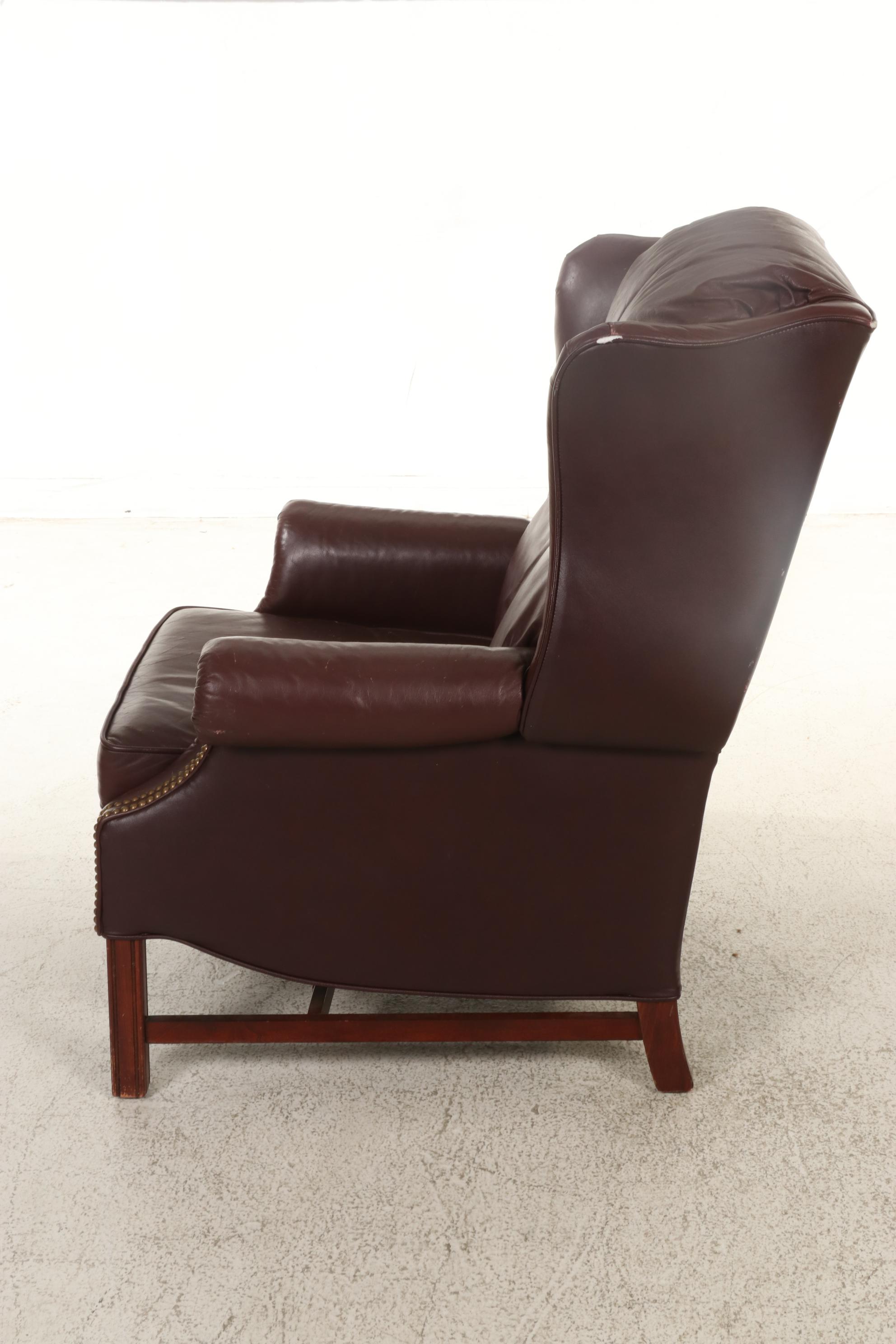 Faux Leather and Brass-Tacked Reclining Wingback Armchair with Side Table