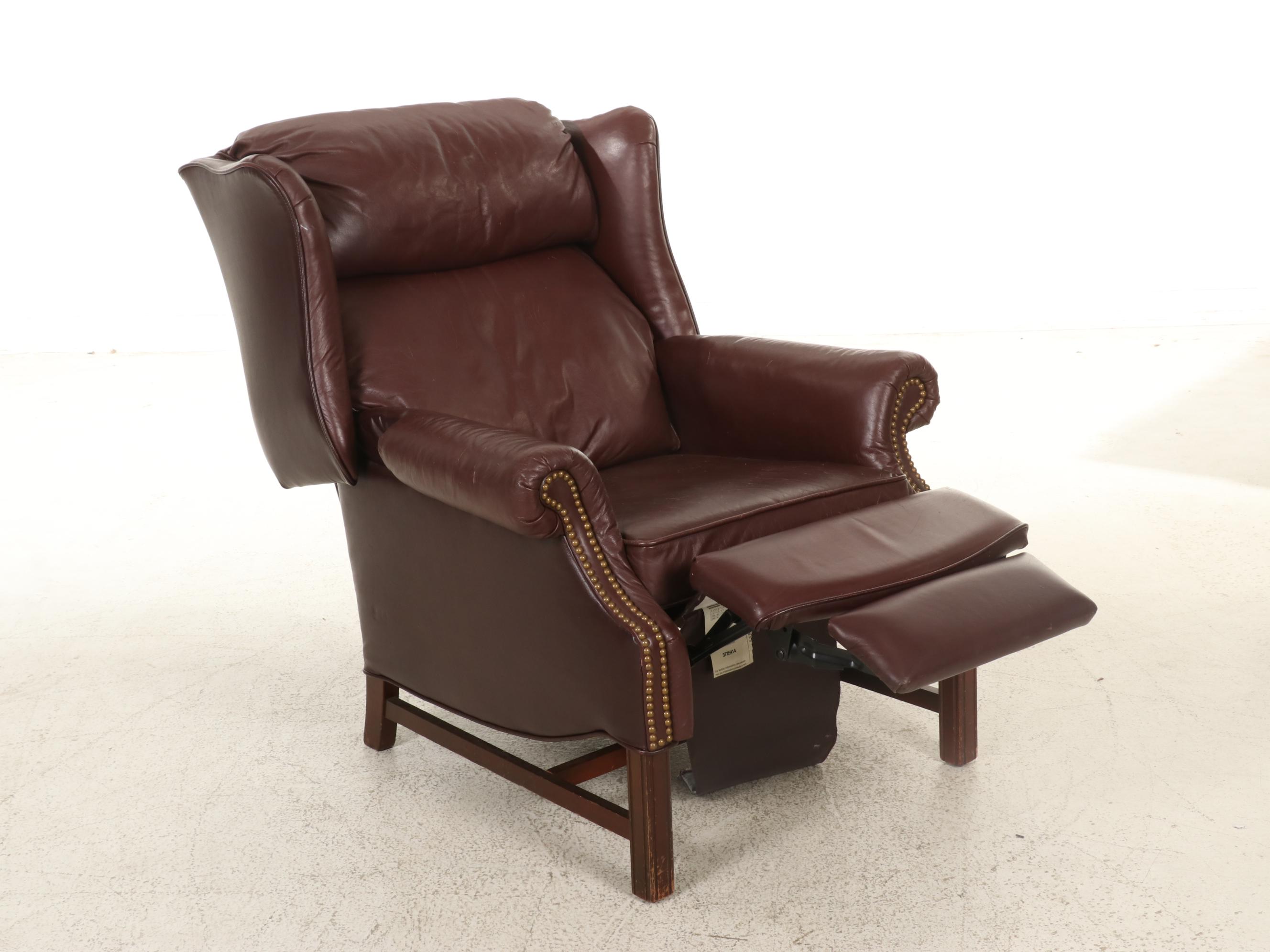Faux Leather and Brass-Tacked Reclining Wingback Armchair with Side Table