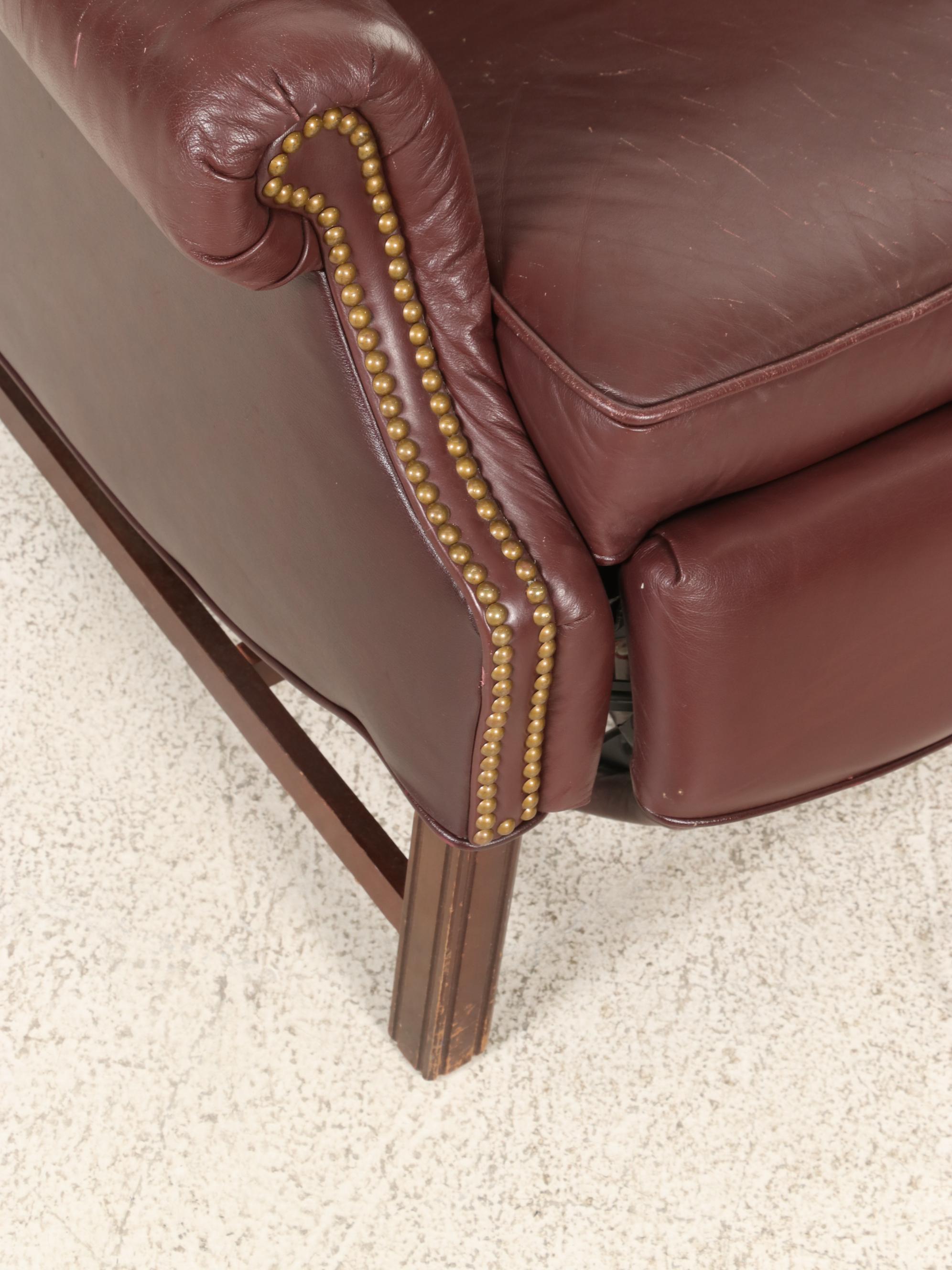 Faux Leather and Brass-Tacked Reclining Wingback Armchair with Side Table