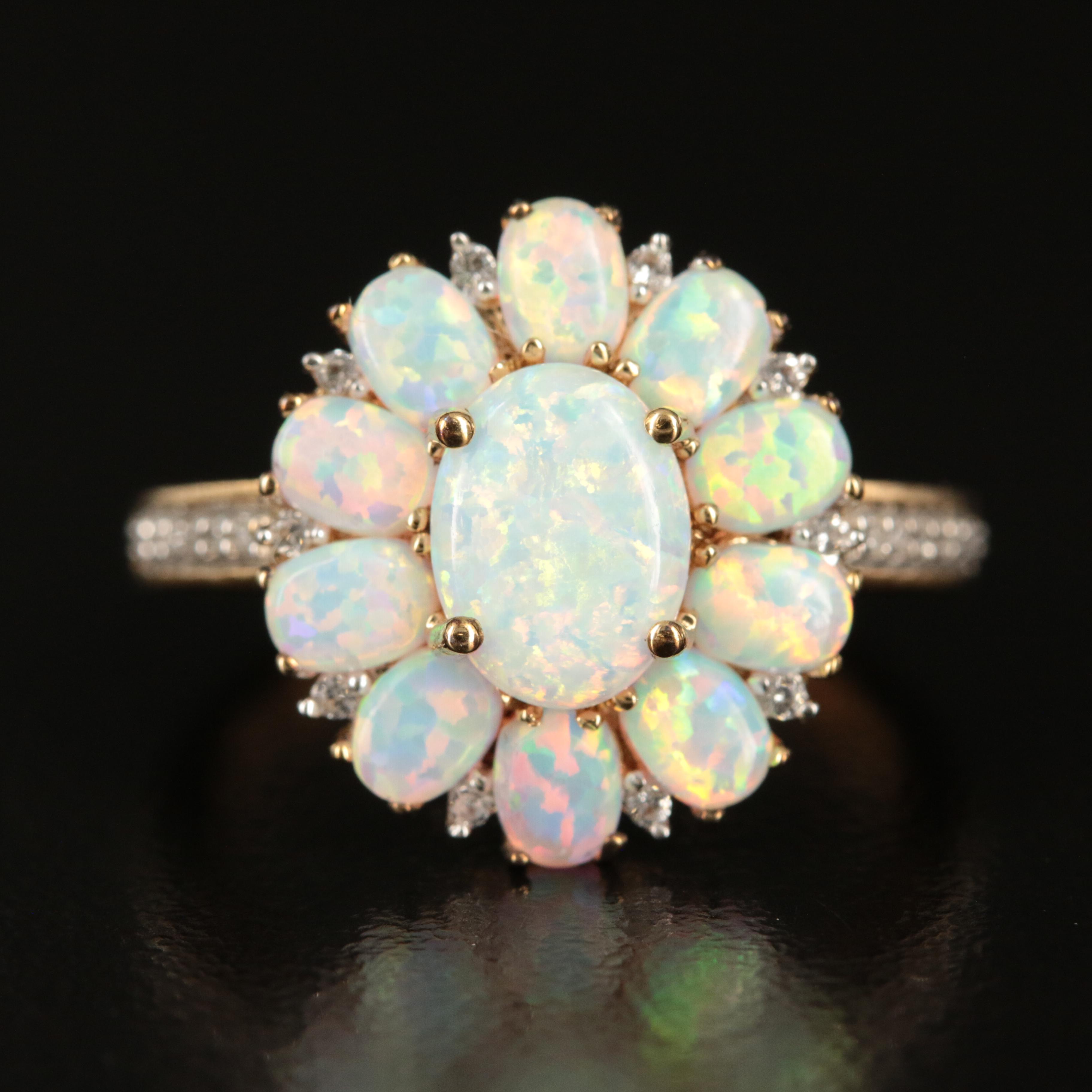 Sterling Opal, White Topaz and Diamond Cluster Ring