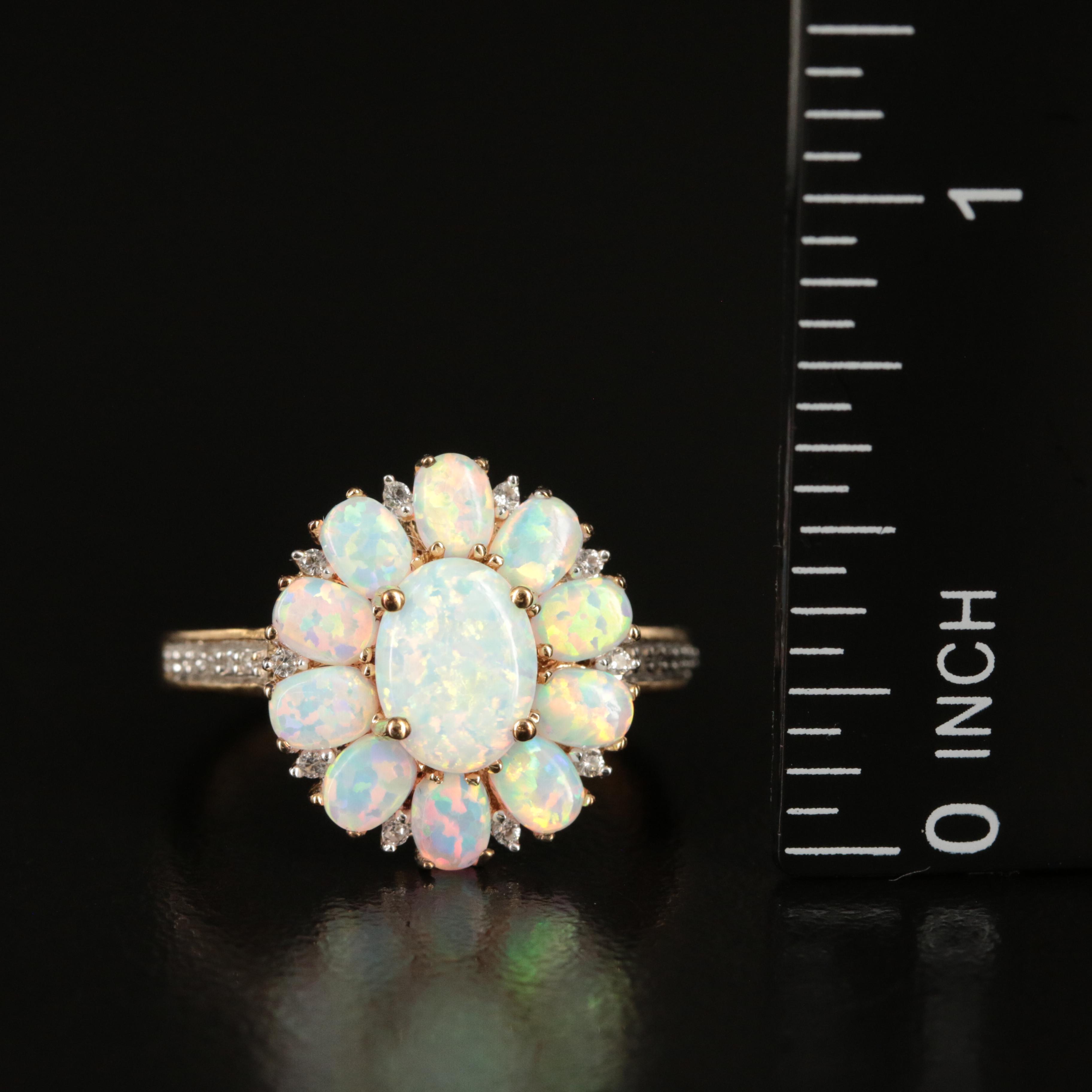 Sterling Opal, White Topaz and Diamond Cluster Ring