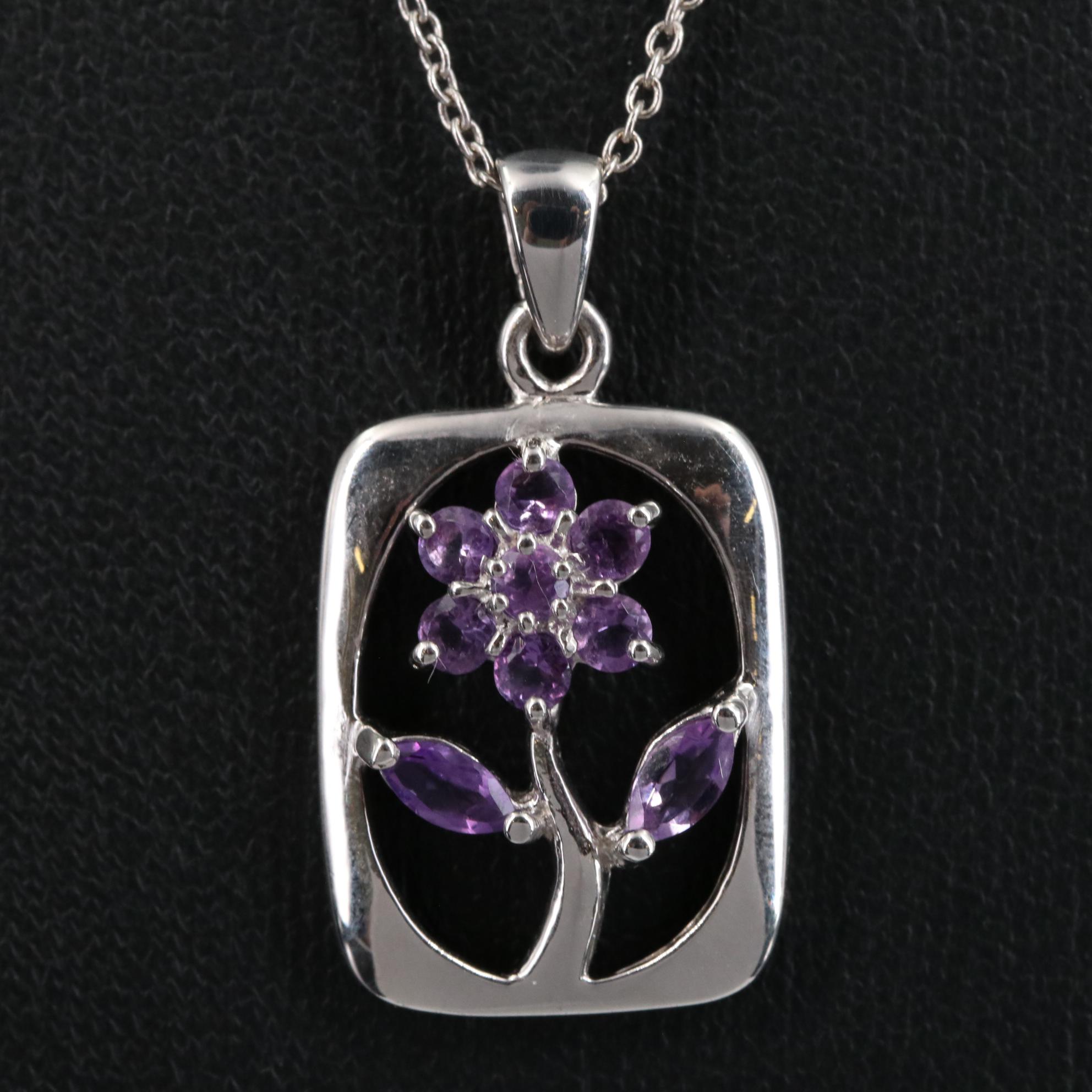 Sterling Amethyst Flower Pendant Necklace
