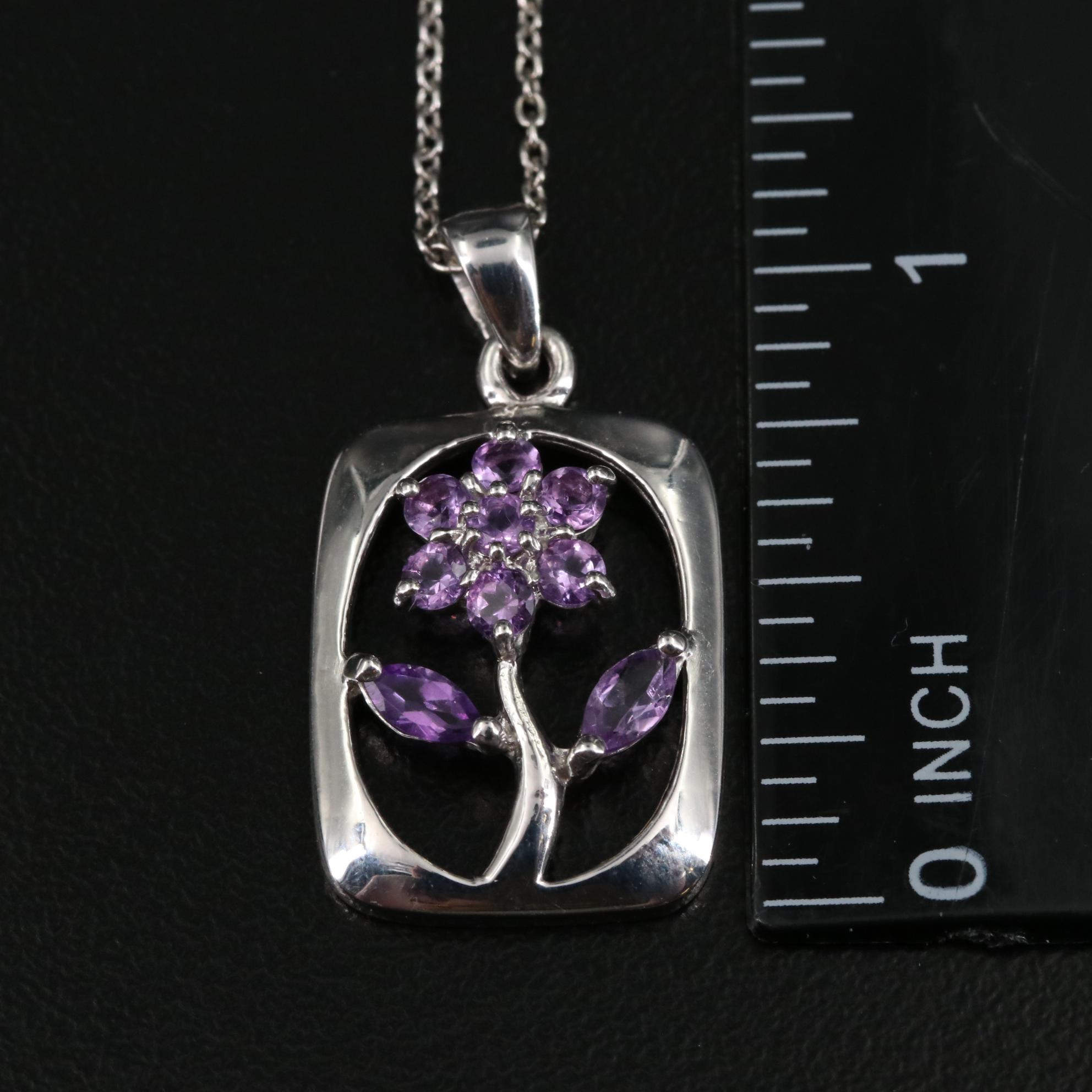 Sterling Amethyst Flower Pendant Necklace