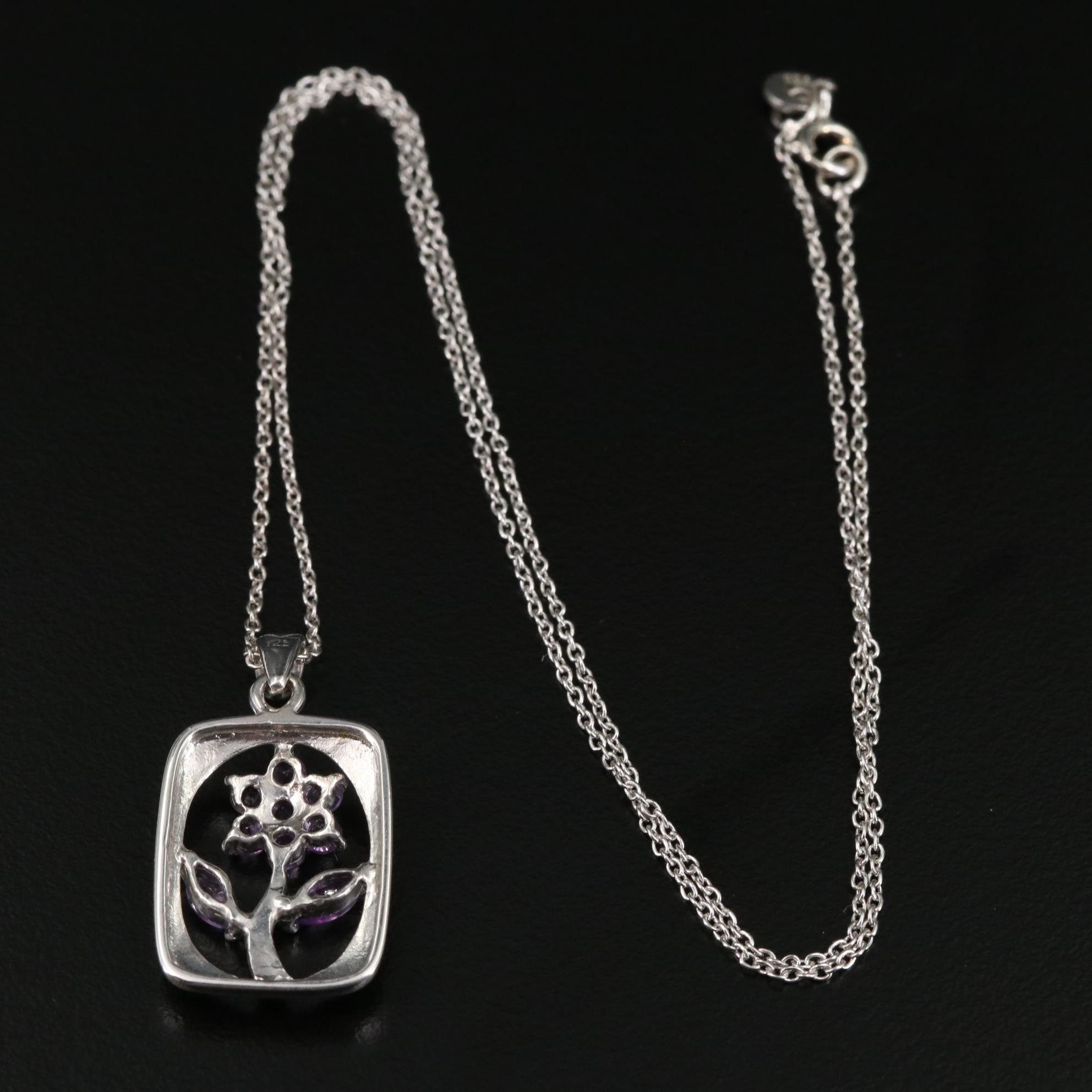 Sterling Amethyst Flower Pendant Necklace