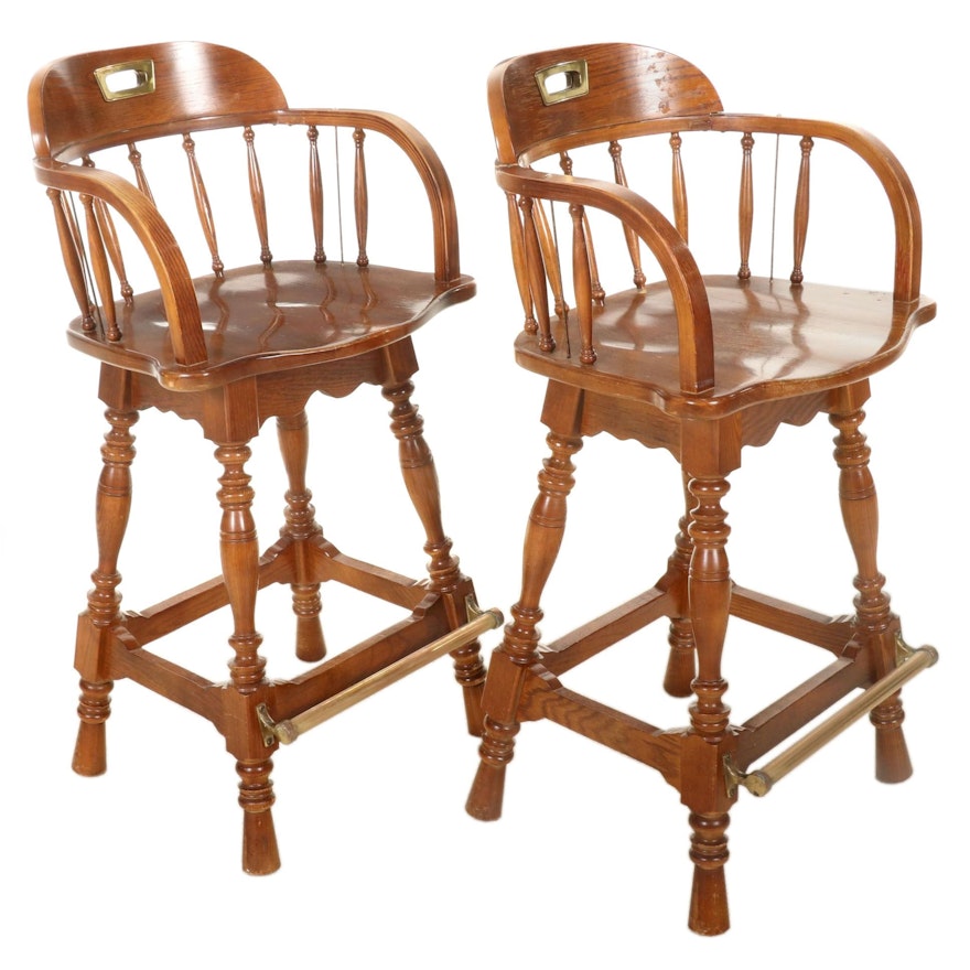 Pair of Oak and Laminate Brass-Mounted Counter Stools