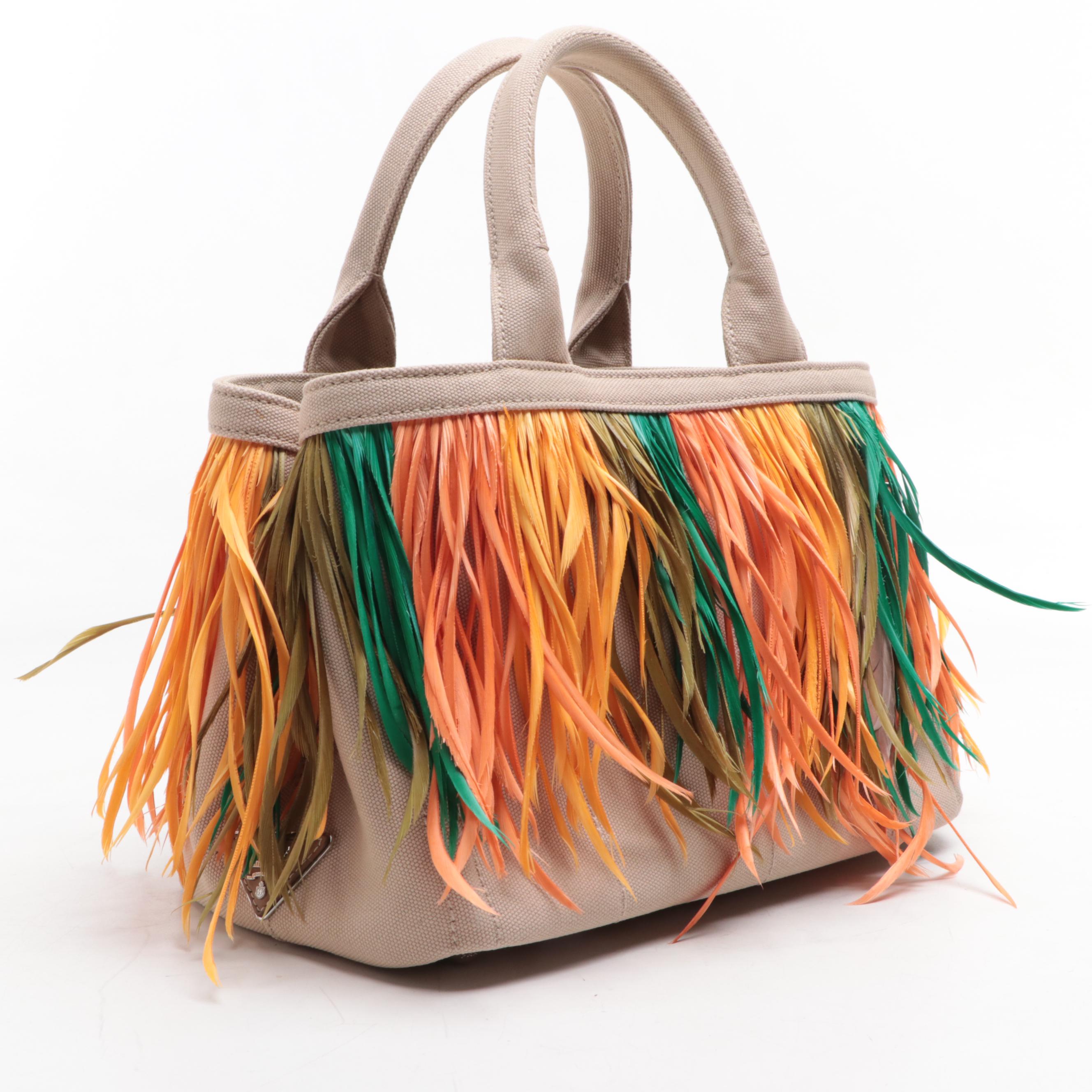 Prada Canapa Feather Fringe Canvas Two-Way Tote