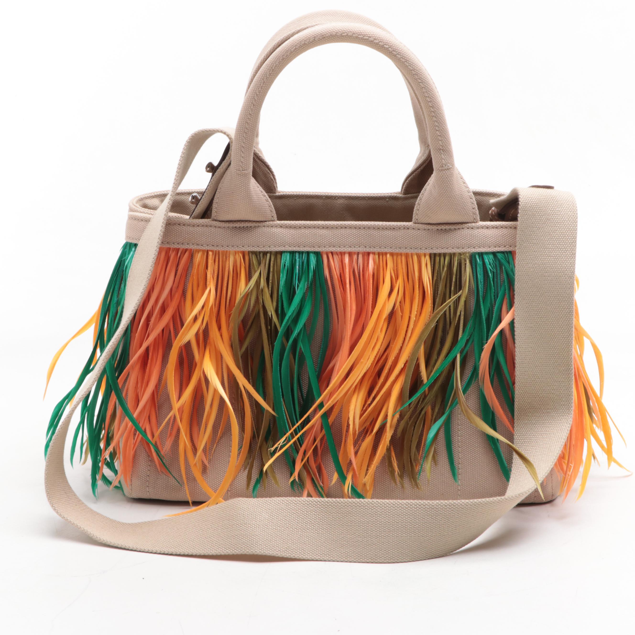 Prada Canapa Feather Fringe Canvas Two-Way Tote
