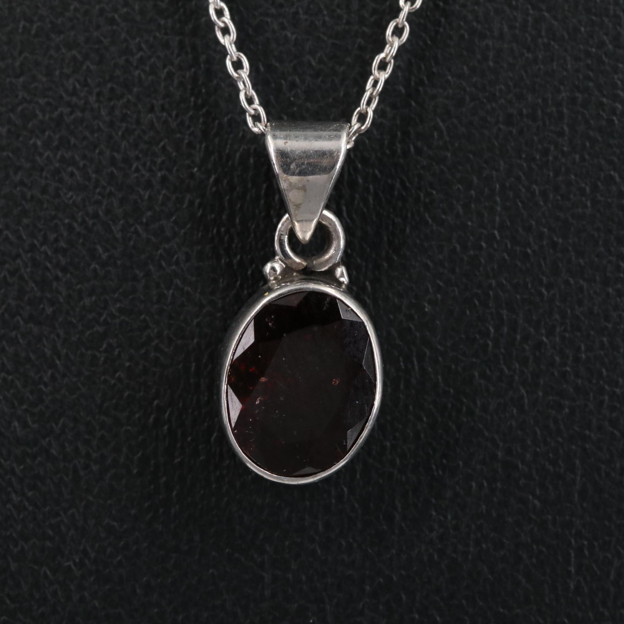 Sterling Oval Garnet Pendant Necklace