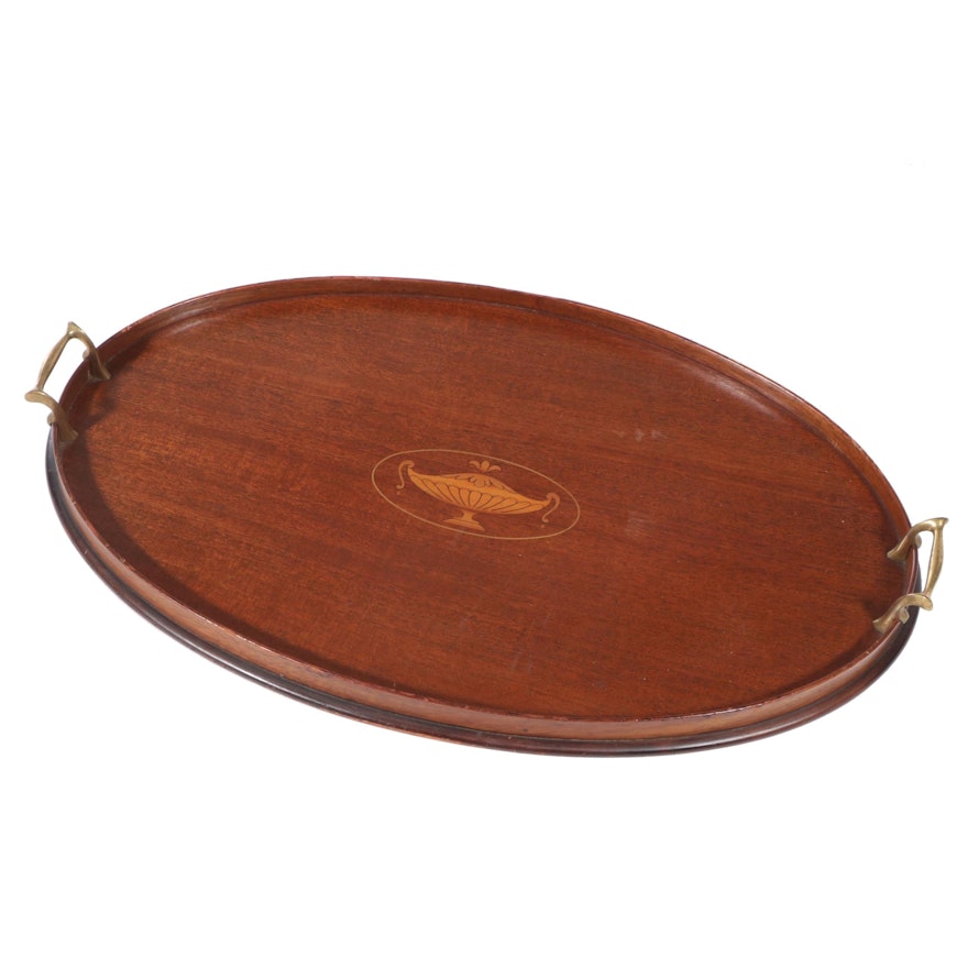 George III Style Mahogany and Marquetry Gallery Tray, Early 20th Century