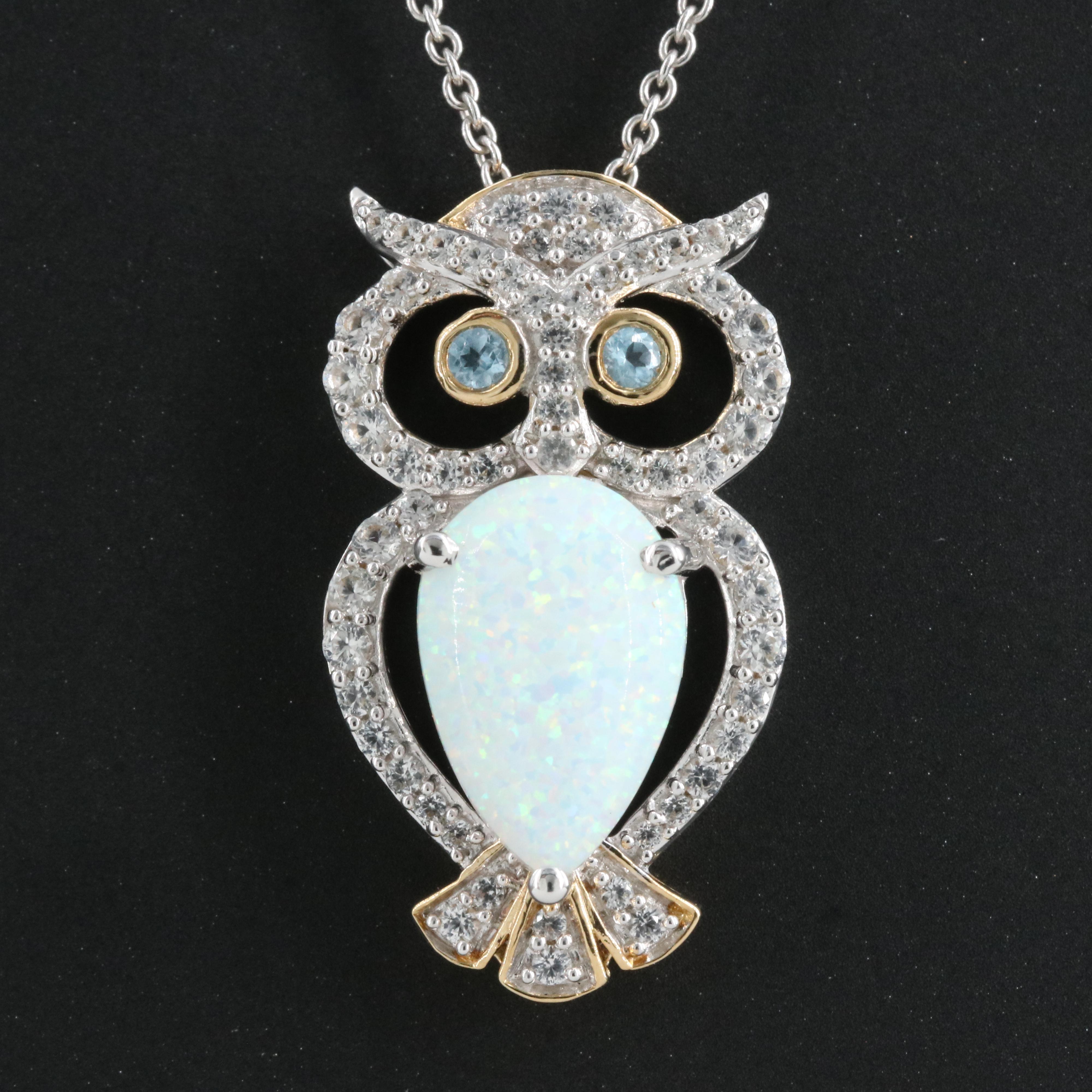 Sterling Opal, Topaz and Sapphire Owl Pendant Necklace
