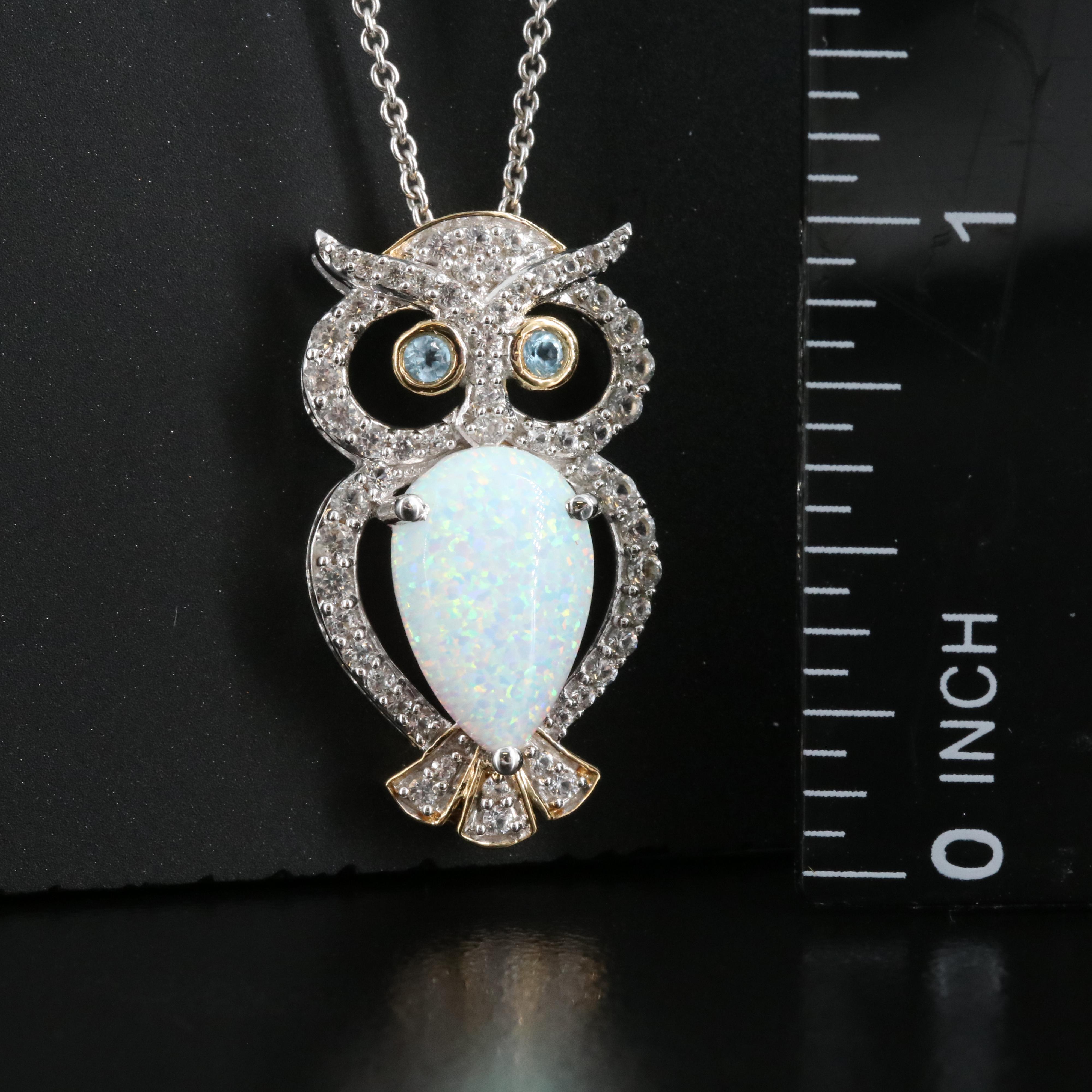Sterling Opal, Topaz and Sapphire Owl Pendant Necklace