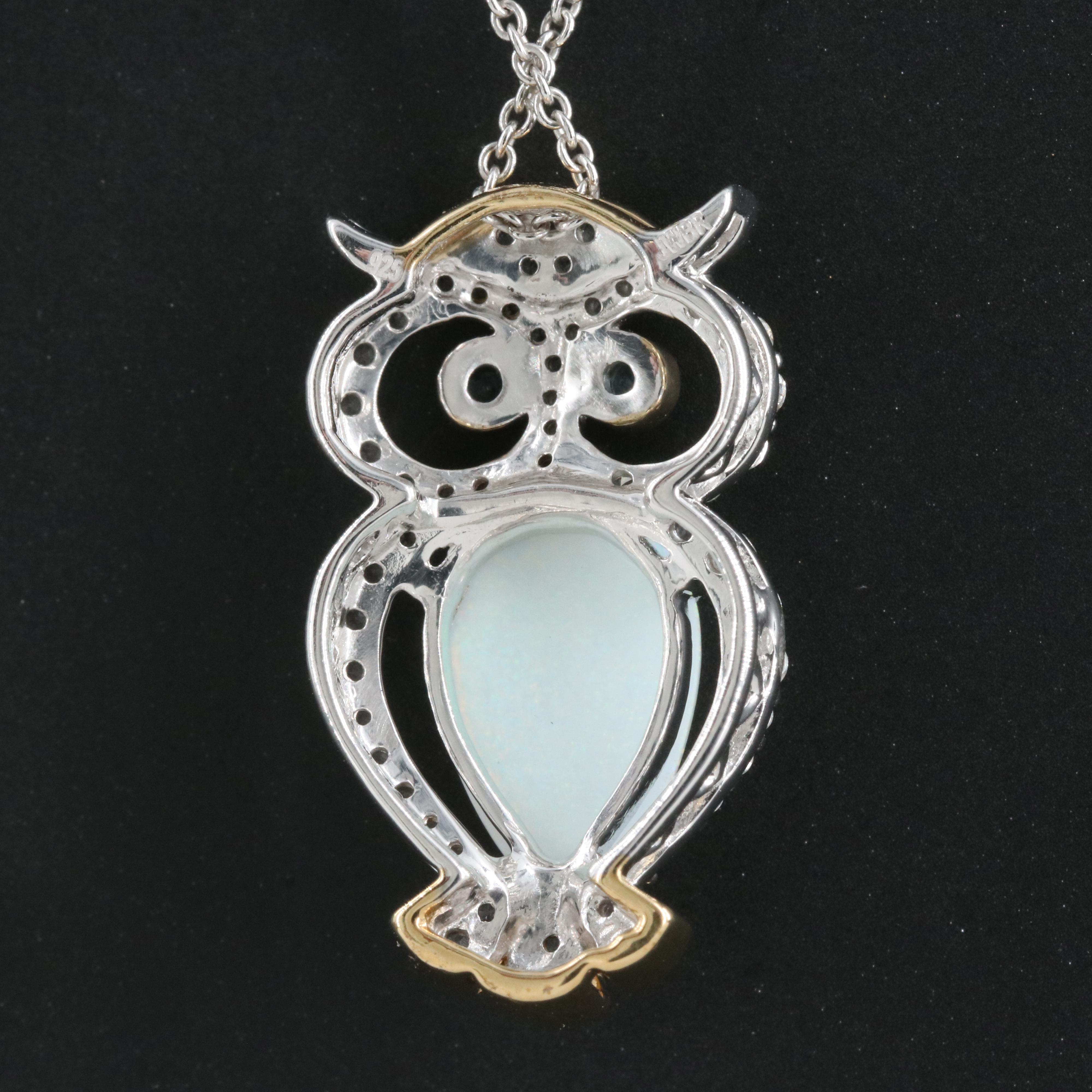 Sterling Opal, Topaz and Sapphire Owl Pendant Necklace