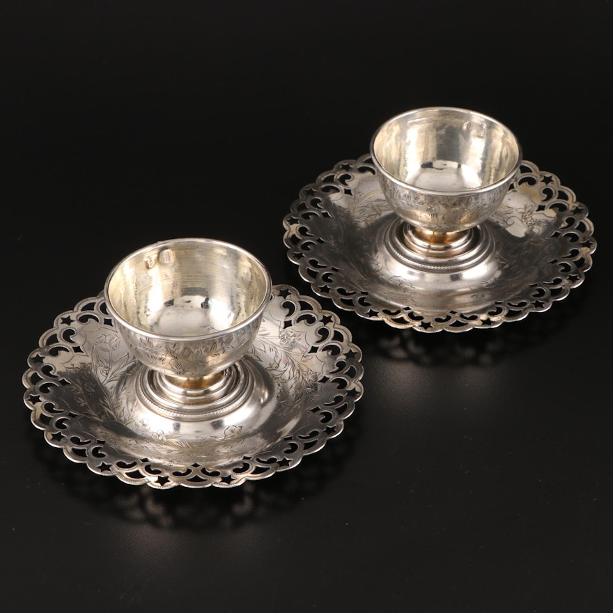 Ottoman Empire Engraved 900 Silver Teacups with Reticulated Saucers
