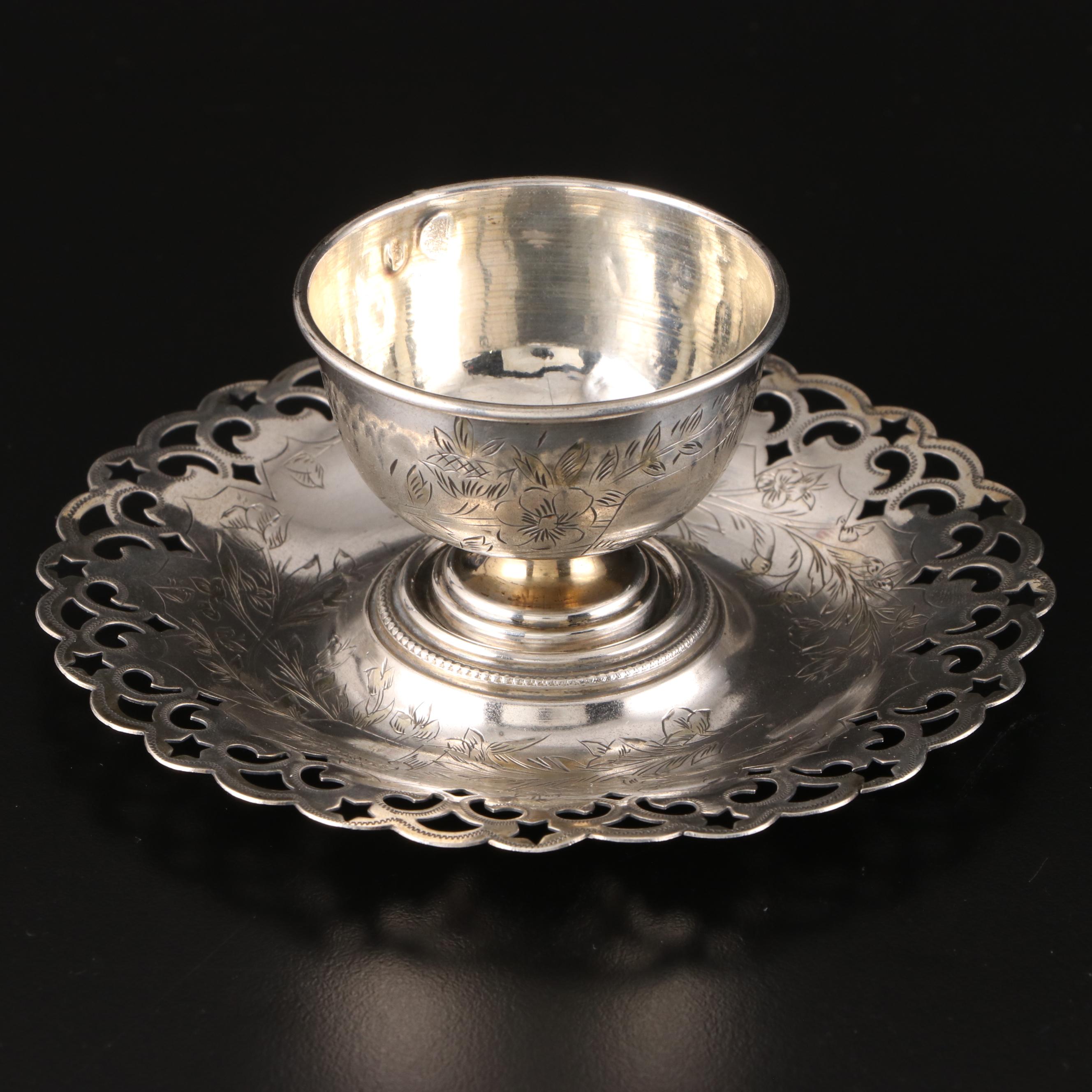 Ottoman Empire Engraved 900 Silver Teacups with Reticulated Saucers