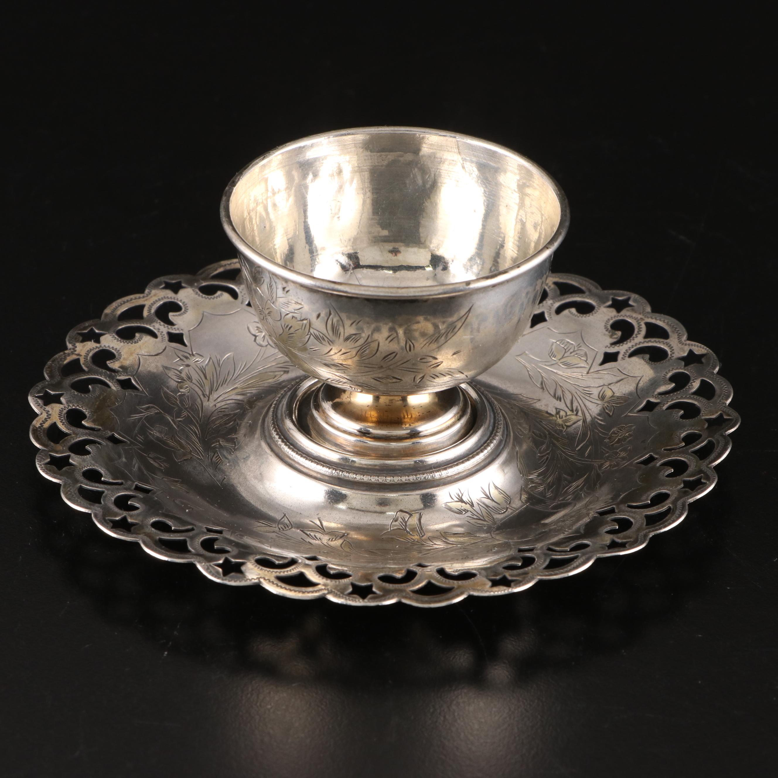 Ottoman Empire Engraved 900 Silver Teacups with Reticulated Saucers