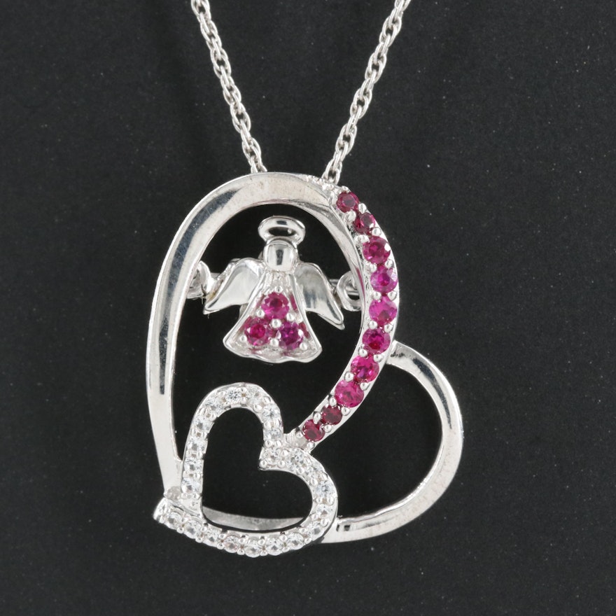 Sterling Ruby and Sapphire Heart Pendant Necklace