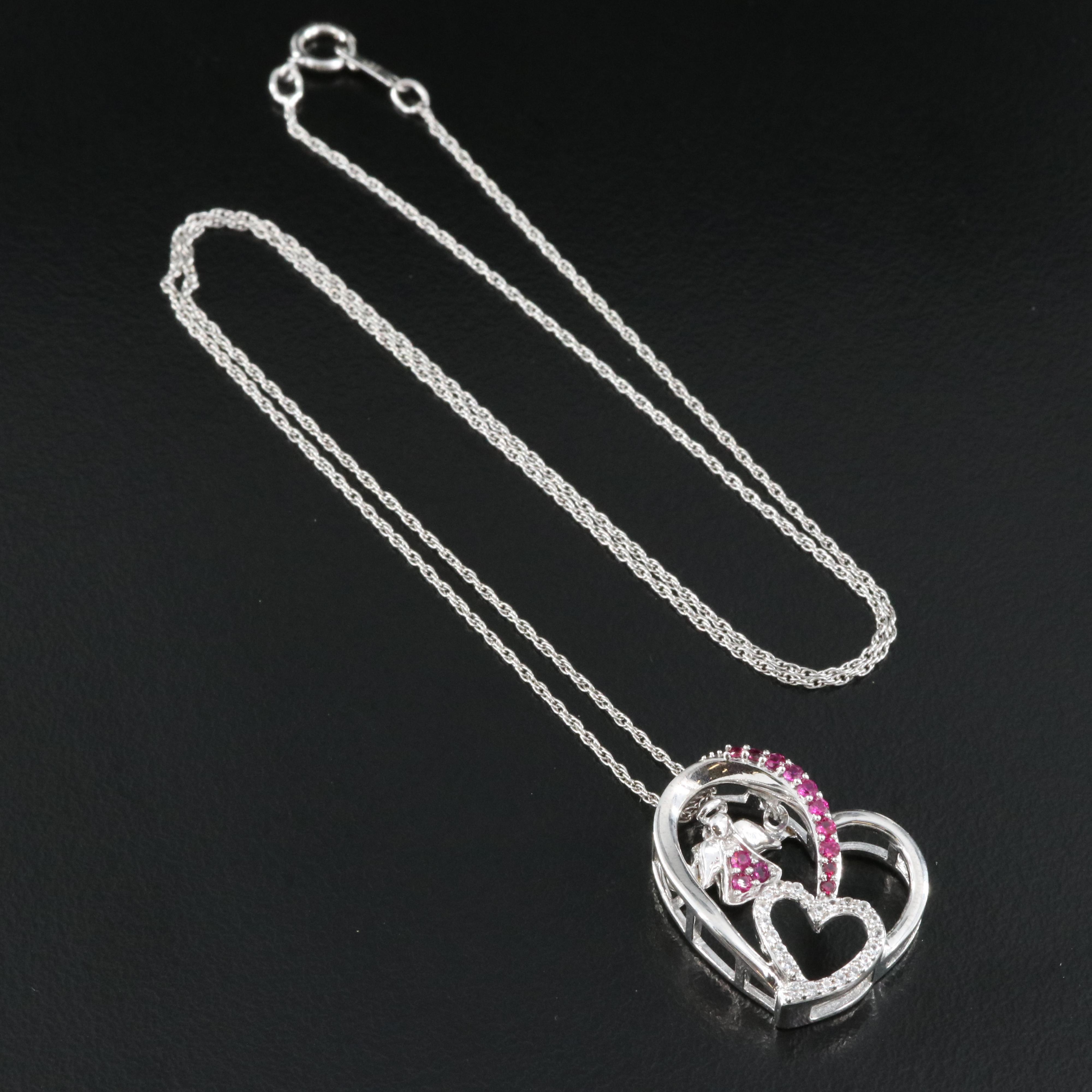 Sterling Ruby and Sapphire Heart Pendant Necklace