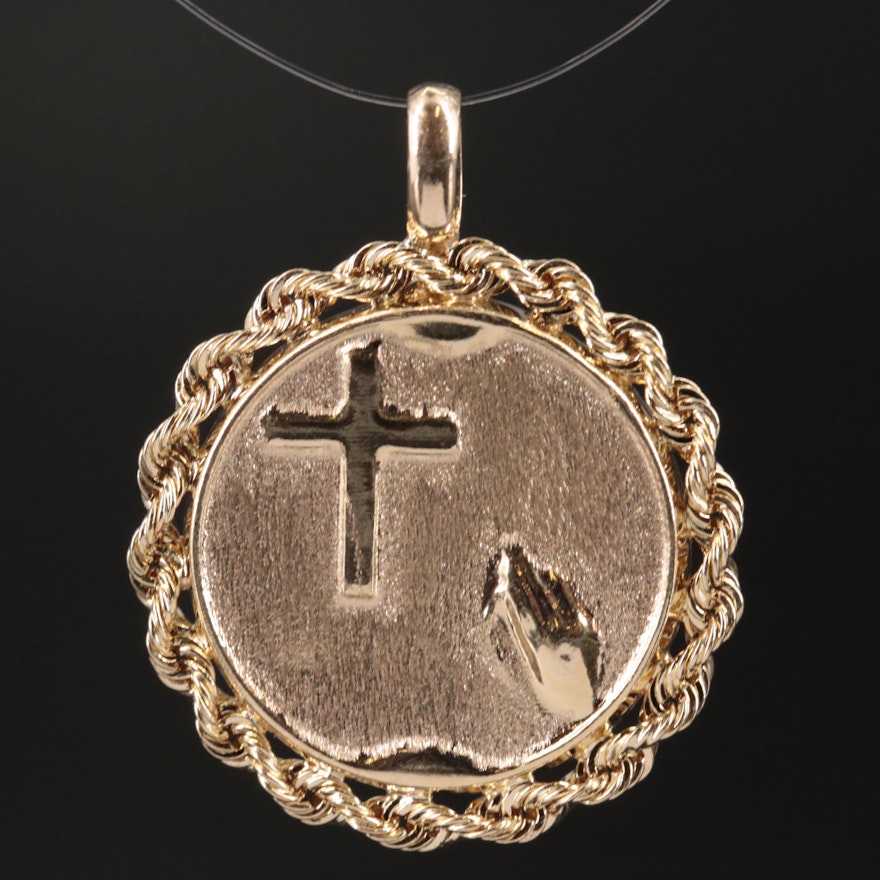 10K Cross and Praying Hands Disk Pendant